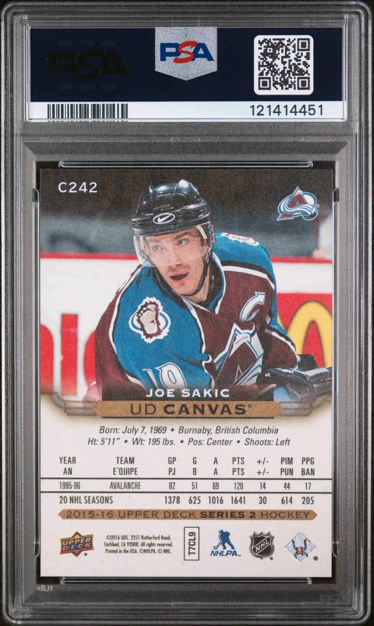 Joe Sakic 2015-16 UD Canvas PSA 9 15-16 Upper Deck Colorado Avalanche SP Retired 