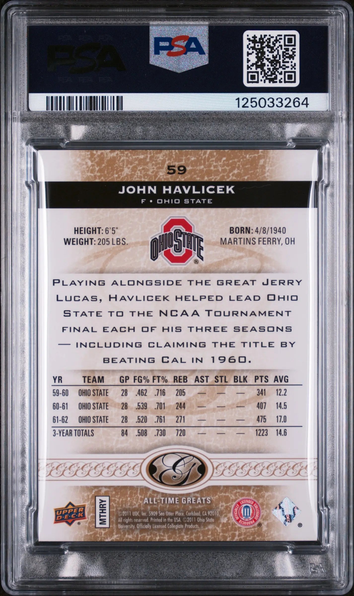 John Havlicek #59 Gold 1/5 PSA 8 /5 2011-12 Upper Deck All-Time Greats 