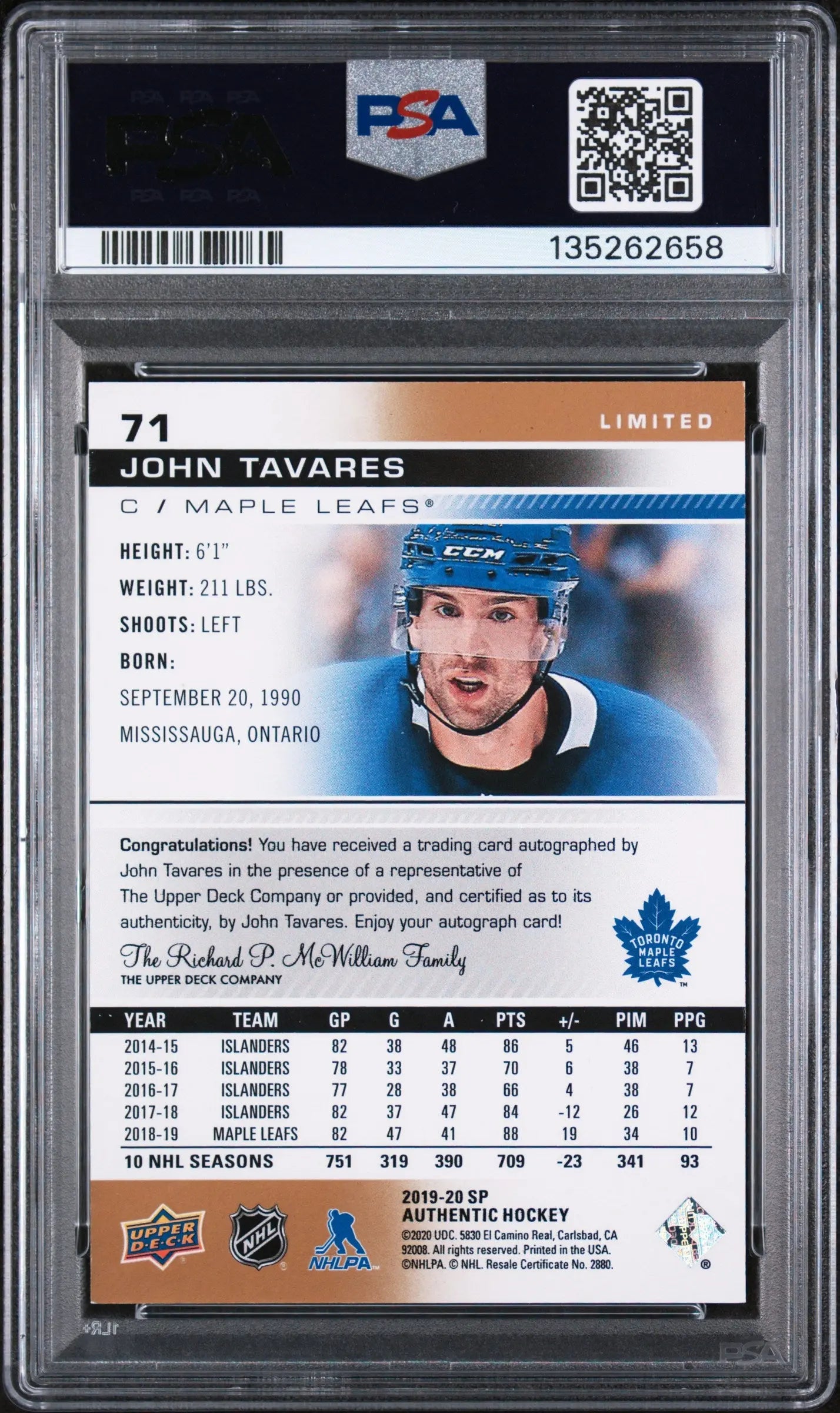 John Tavares #71 Base Limited Autograph PSA 92019-20 SP Authentic 