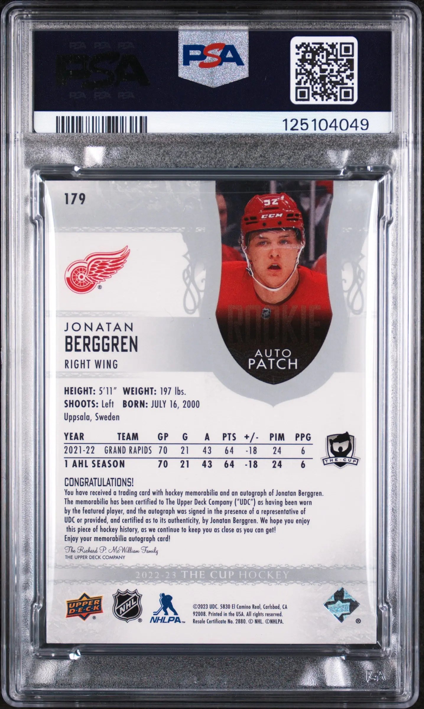 Jonatan Berggren RC Rookie Patch Auto /249 2022-23 UD The Cup Autograph RC 