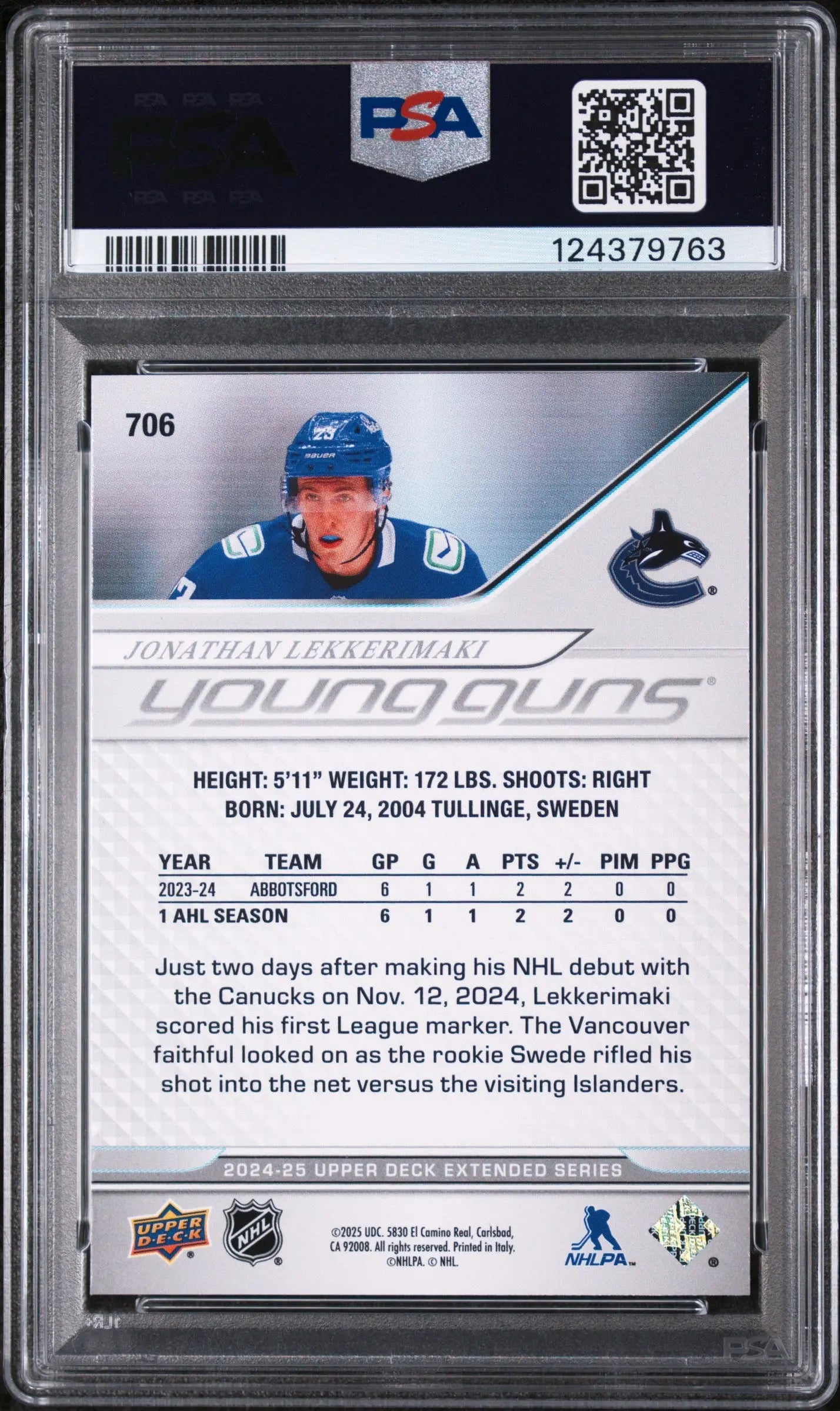 Jonathan Lekkerimaki PSA 9 Young Guns RC Rookie 2024-24 24-25 Upper Deck 