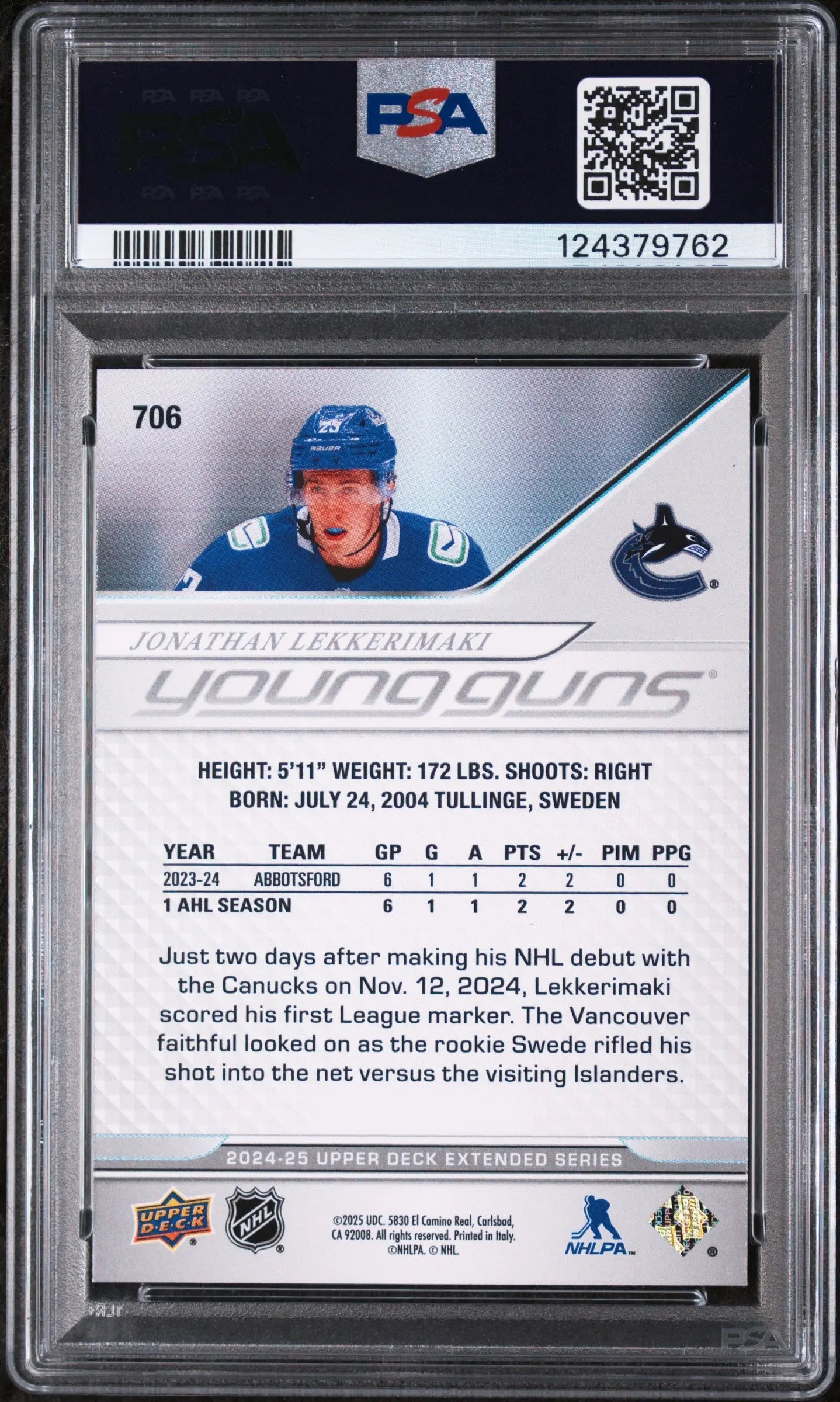Jonathan Lekkerimaki Young Guns PSA 10 RC Rookie UD 2024-25 Upper Deck 