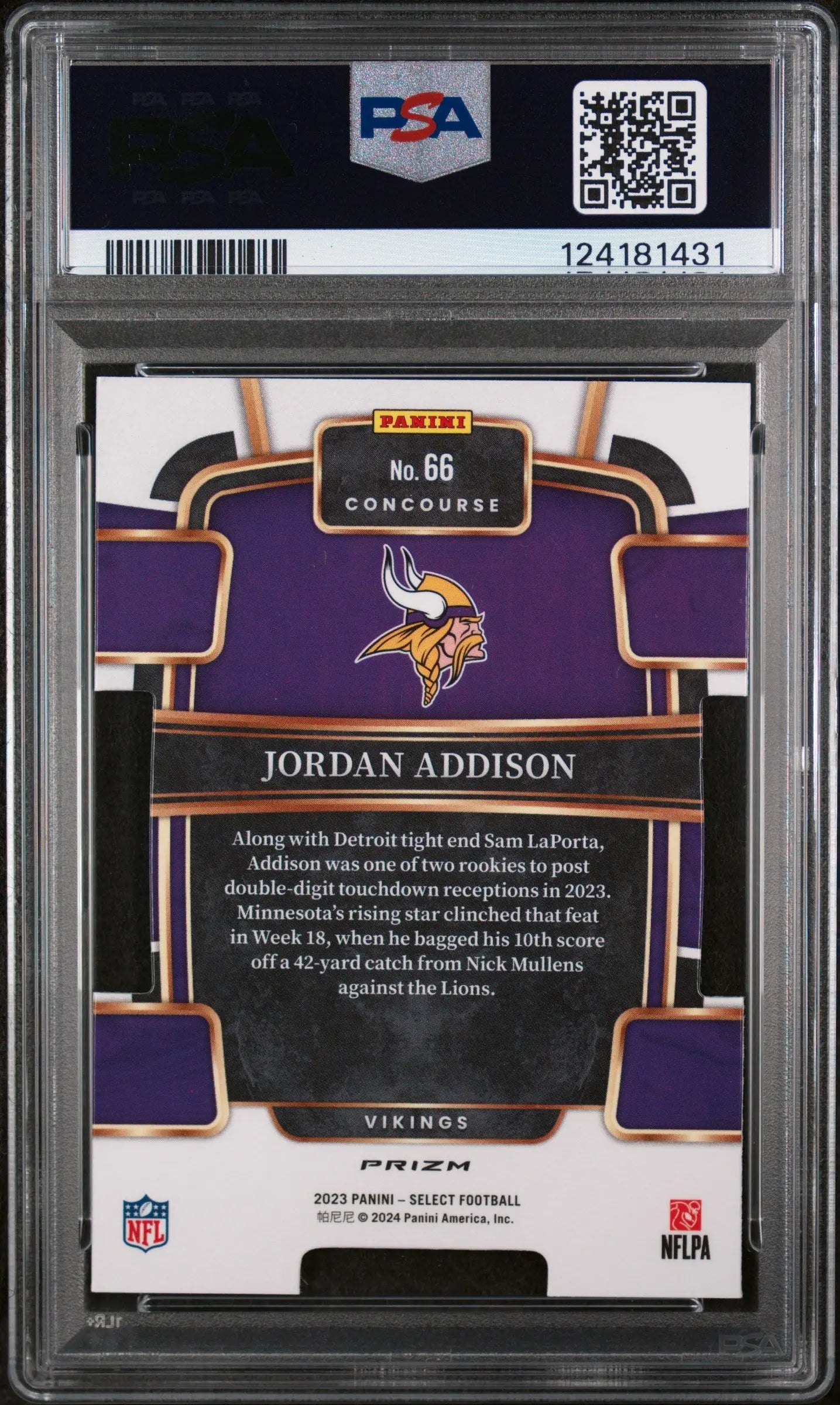 Jordan Addison RC Rookie Die Cut Red & Blue Prizm PSA 10 2023 Panini Select 