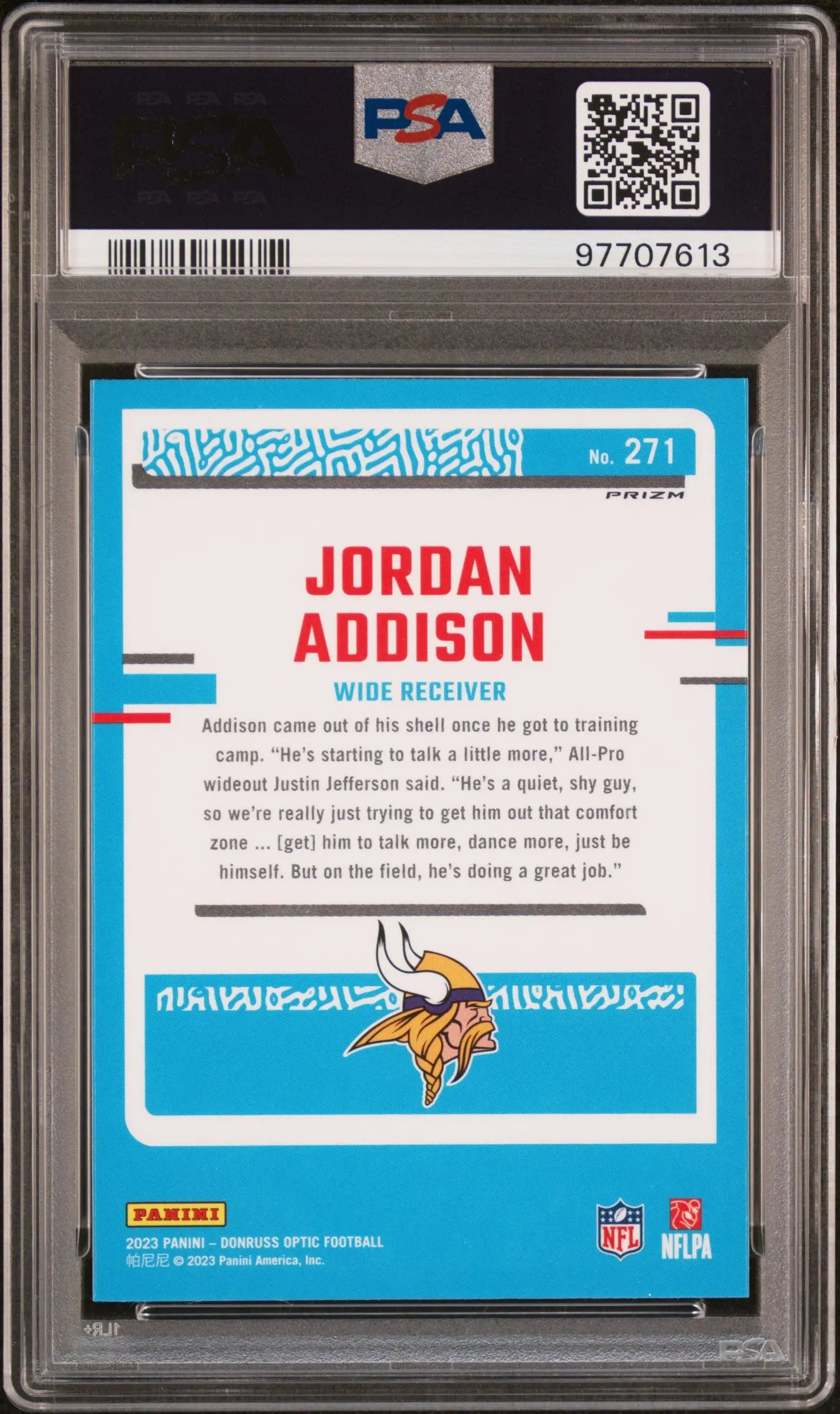 Jordan Addison #271 Blue Hyper PSA 10 Rated Rookie RC 2023 Panini Donruss Optic 