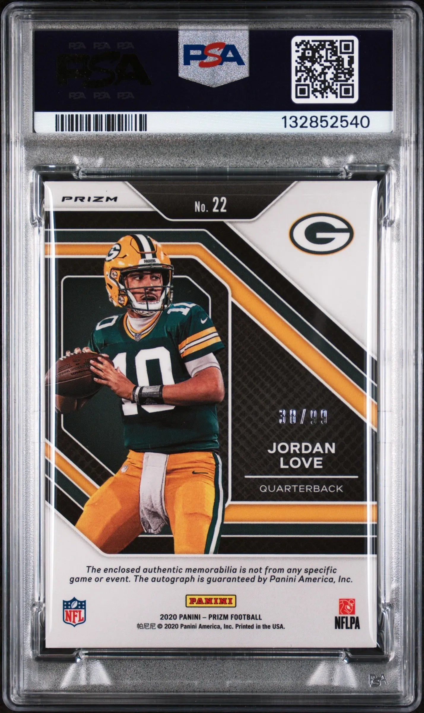 Jordan Love Rookie Patch Auto /99 PSA 9 RC 2020 Prizm Packers Autograph 