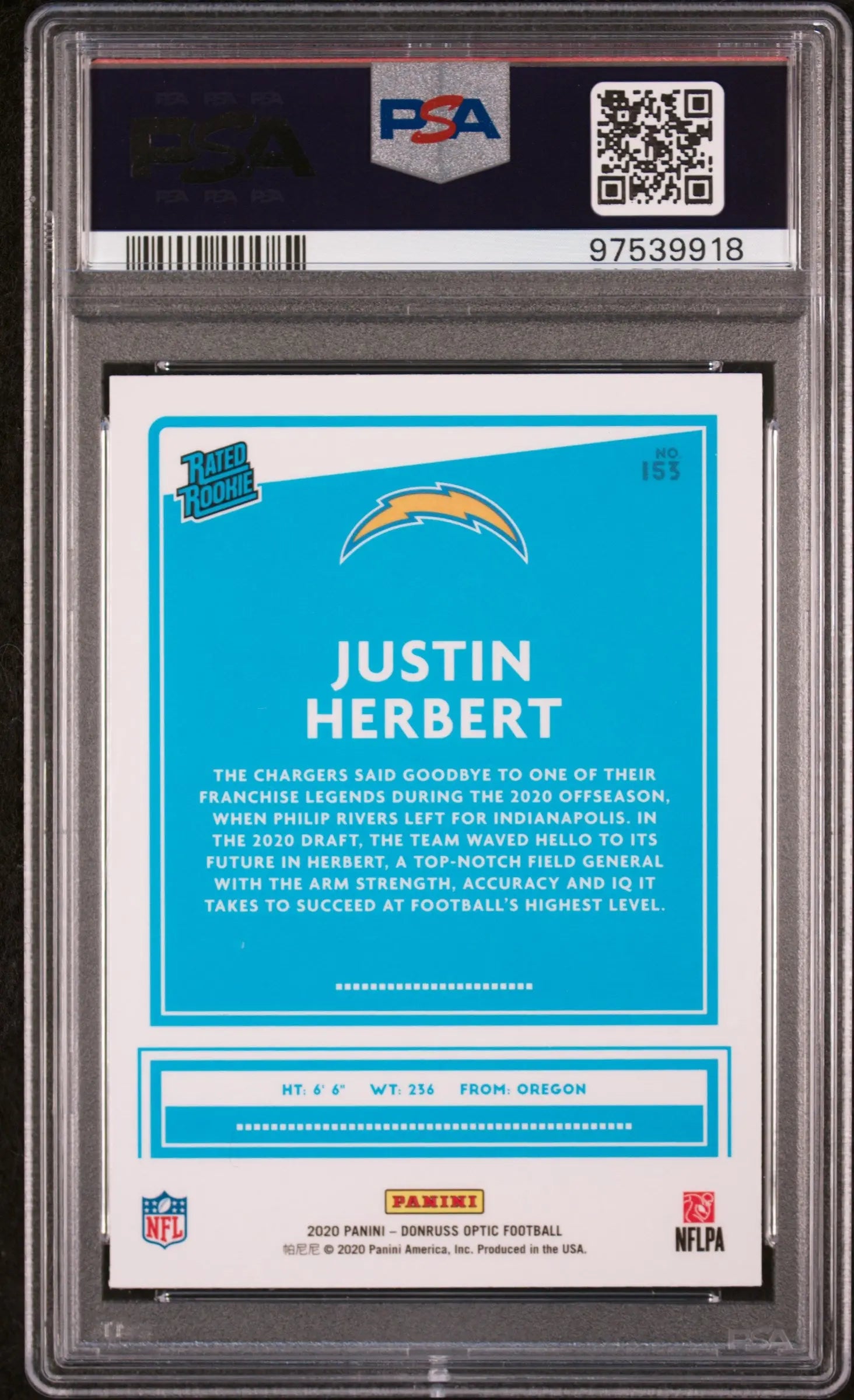 Justin Herbert #153 PSA 10 RC Rated Rookie 2020 Panini Donruss Optic Chargers 