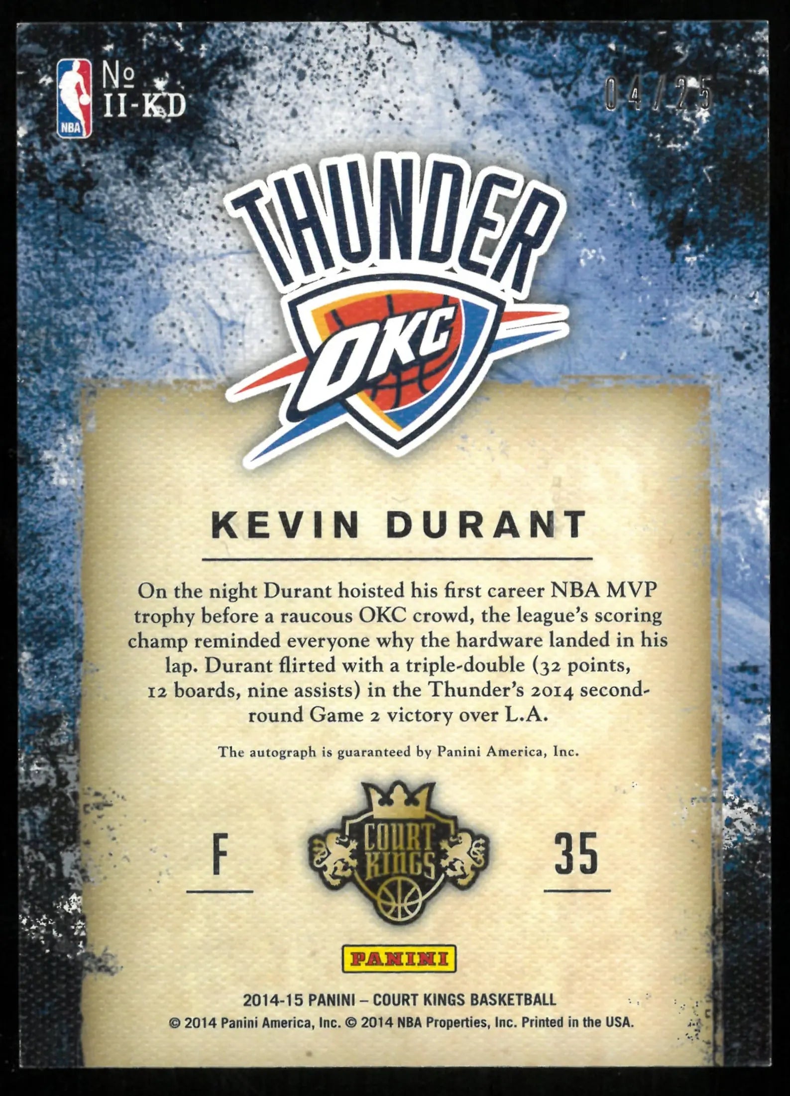 Kevin Durant Auto /25 2014-15 Court Kings Impressionist Ink 