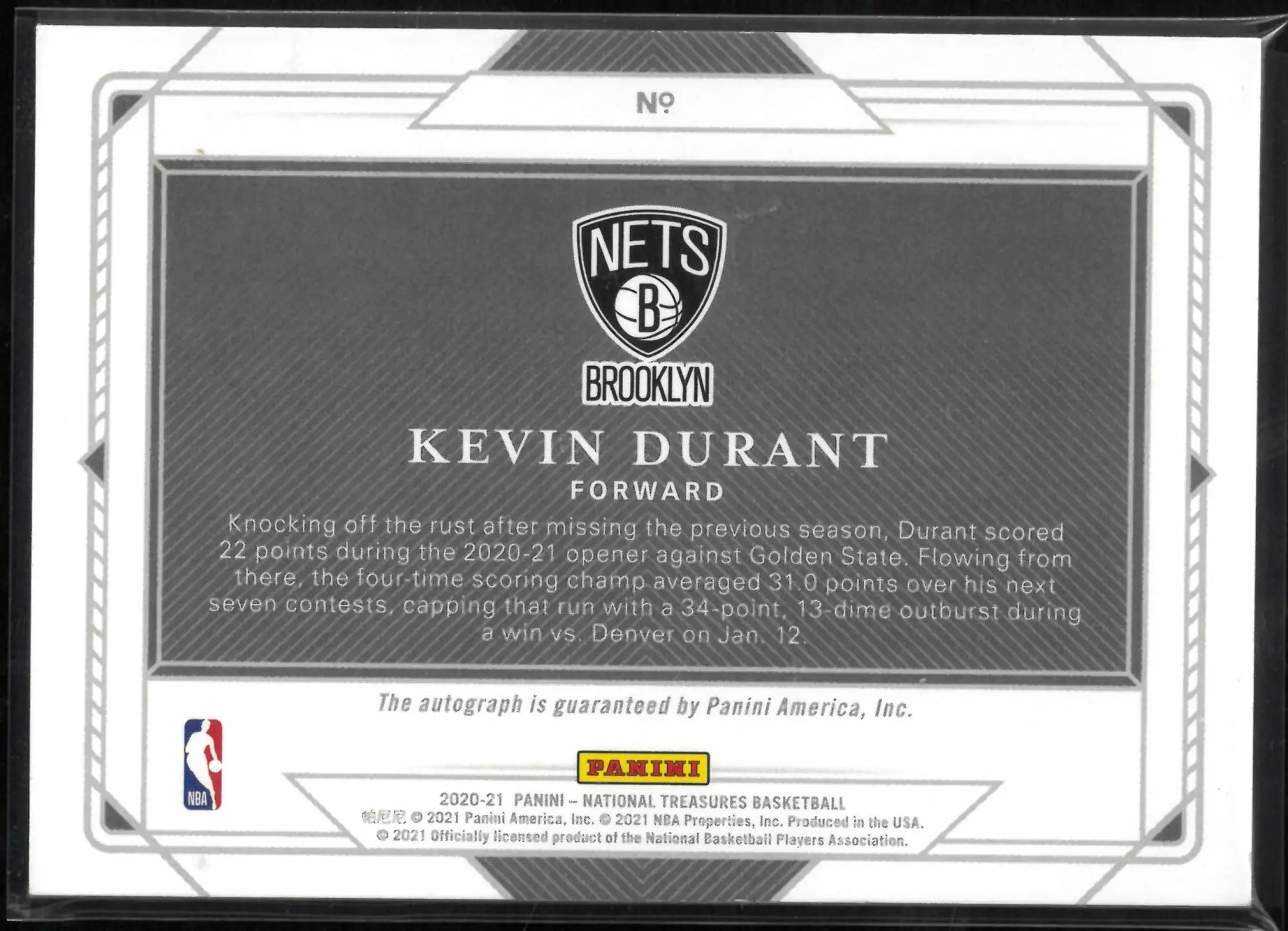 Kevin Durant Auto /25 25/25 2020-21 National Treasures Validating Marks 