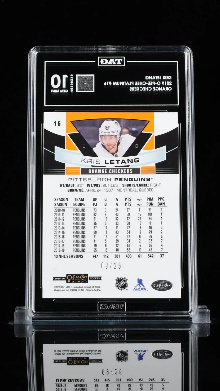 Kris Letang /25 O Pee Chee Platinum 2019-20 Orange Checkers TAG 10 Gem Mint 