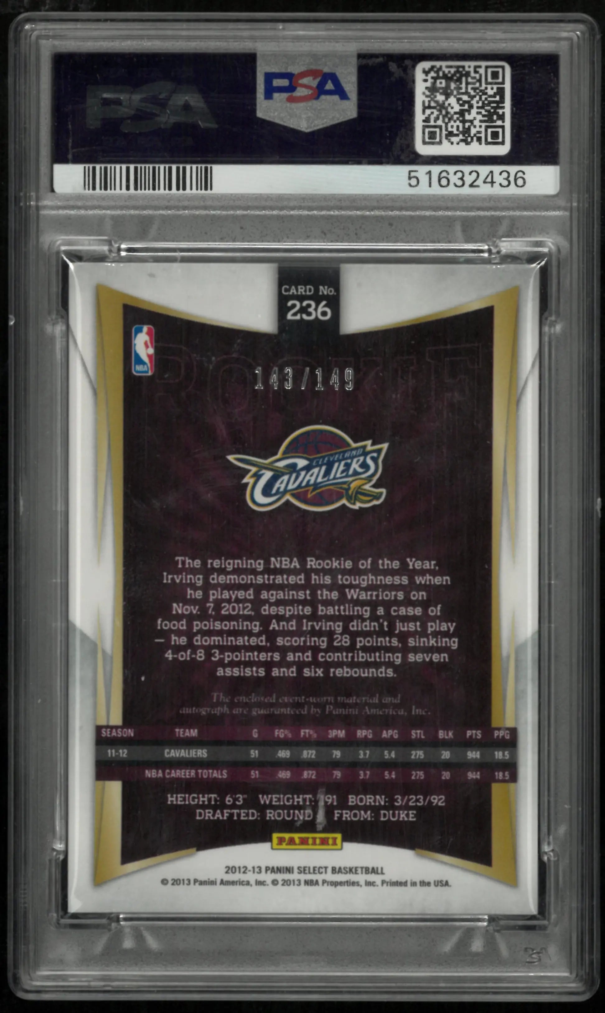Kyrie Irving RC Auto Jersey PSA 9 2012-13 Select 12-13 Autograph Rookie 