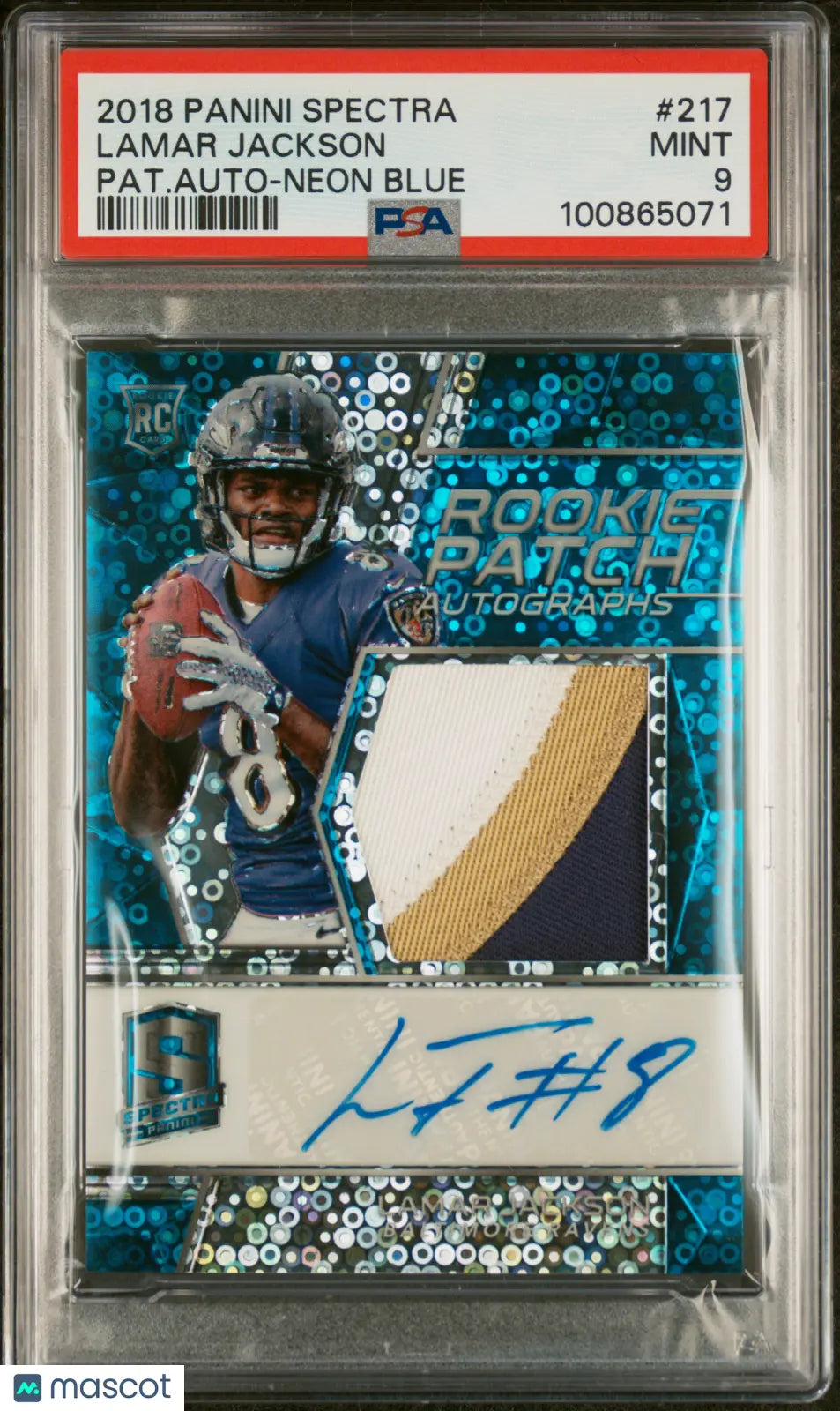 Lamar Jackson PSA 9 Auto Patch /75 RC Rookie 2018 Spectra Neon Blue 