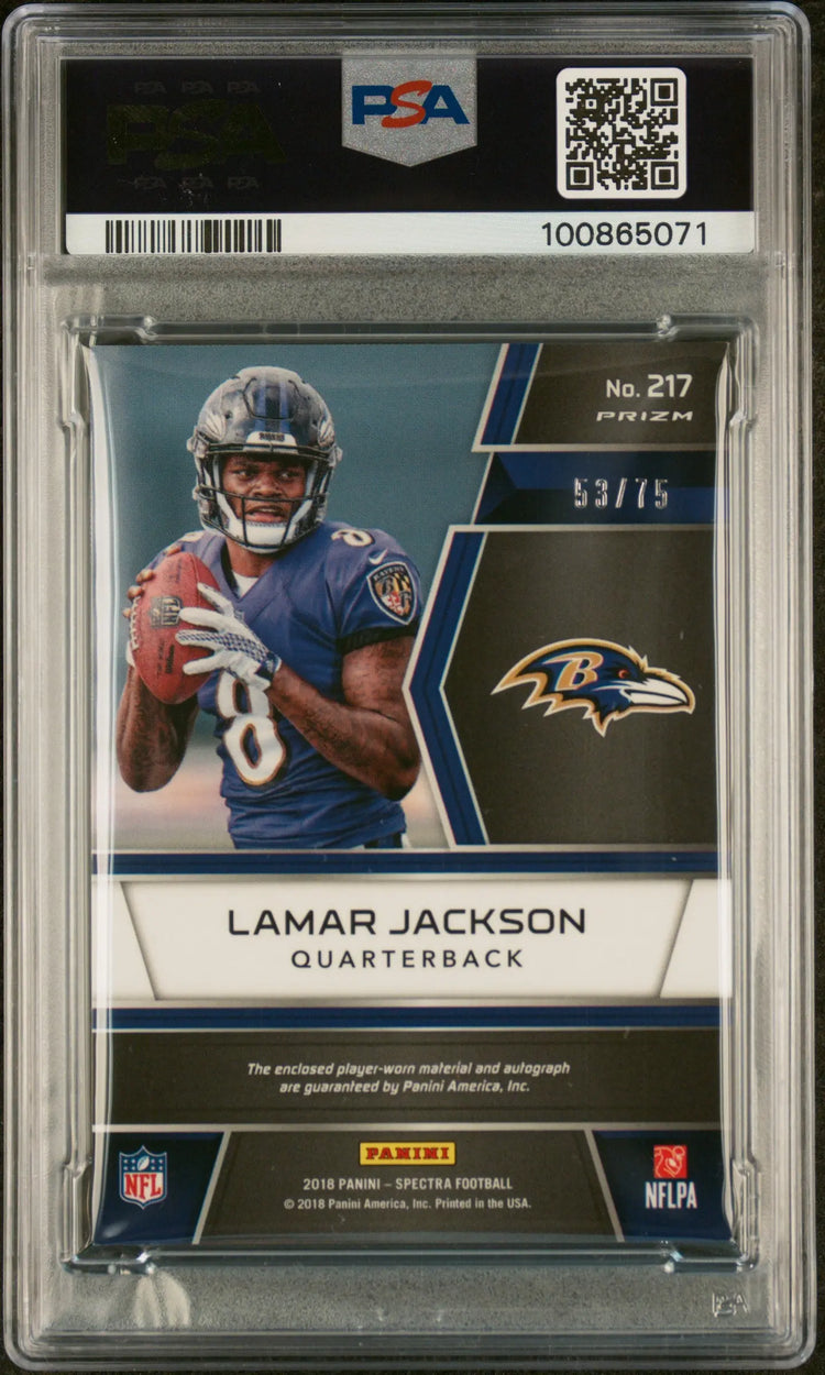 Lamar Jackson PSA 9 Auto Patch /75 RC Rookie 2018 Spectra Neon Blue 
