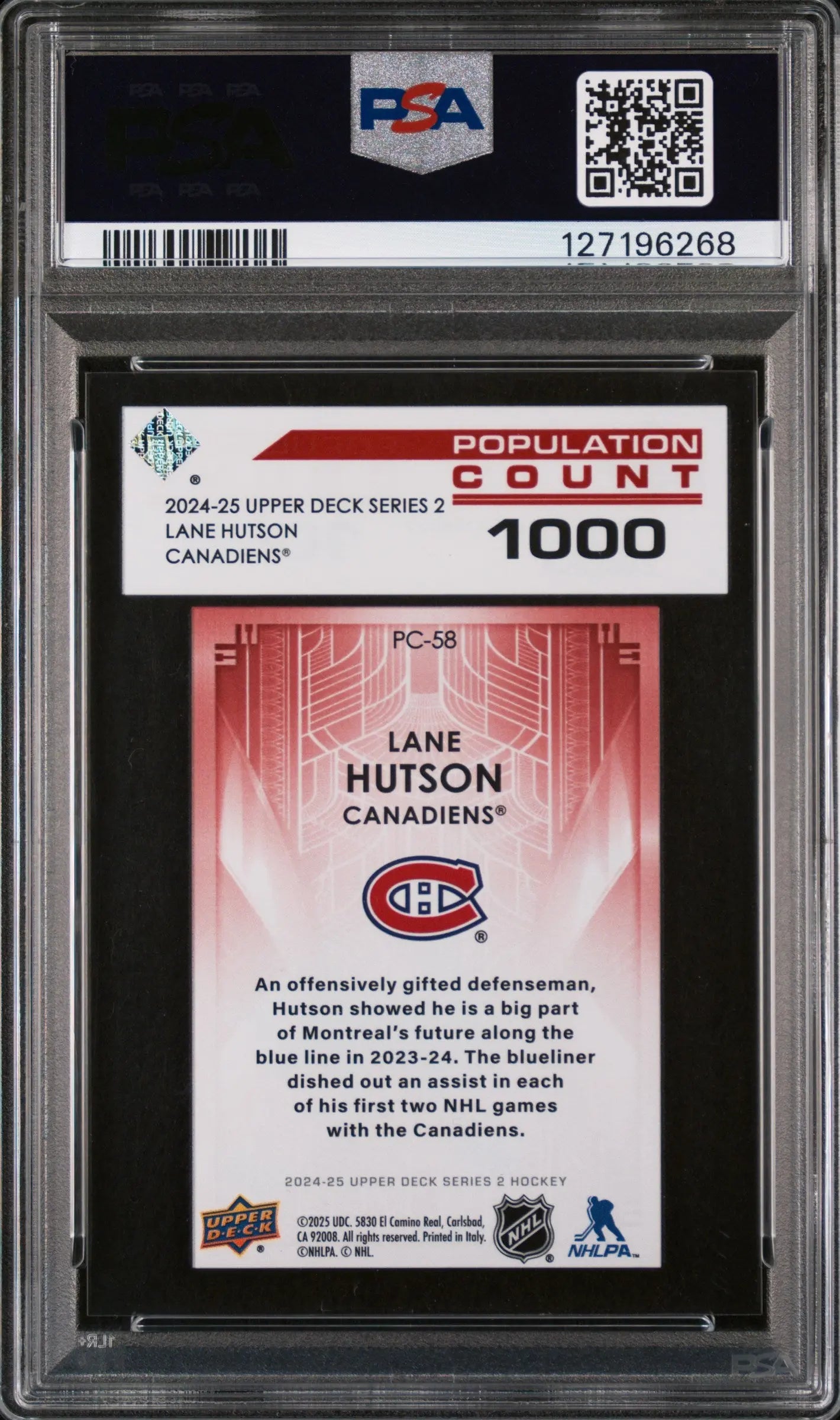 Lane Hutson Population Count 1000 PSA 10 RC Rookie 2024-25 24-25 UD Upper Deck 