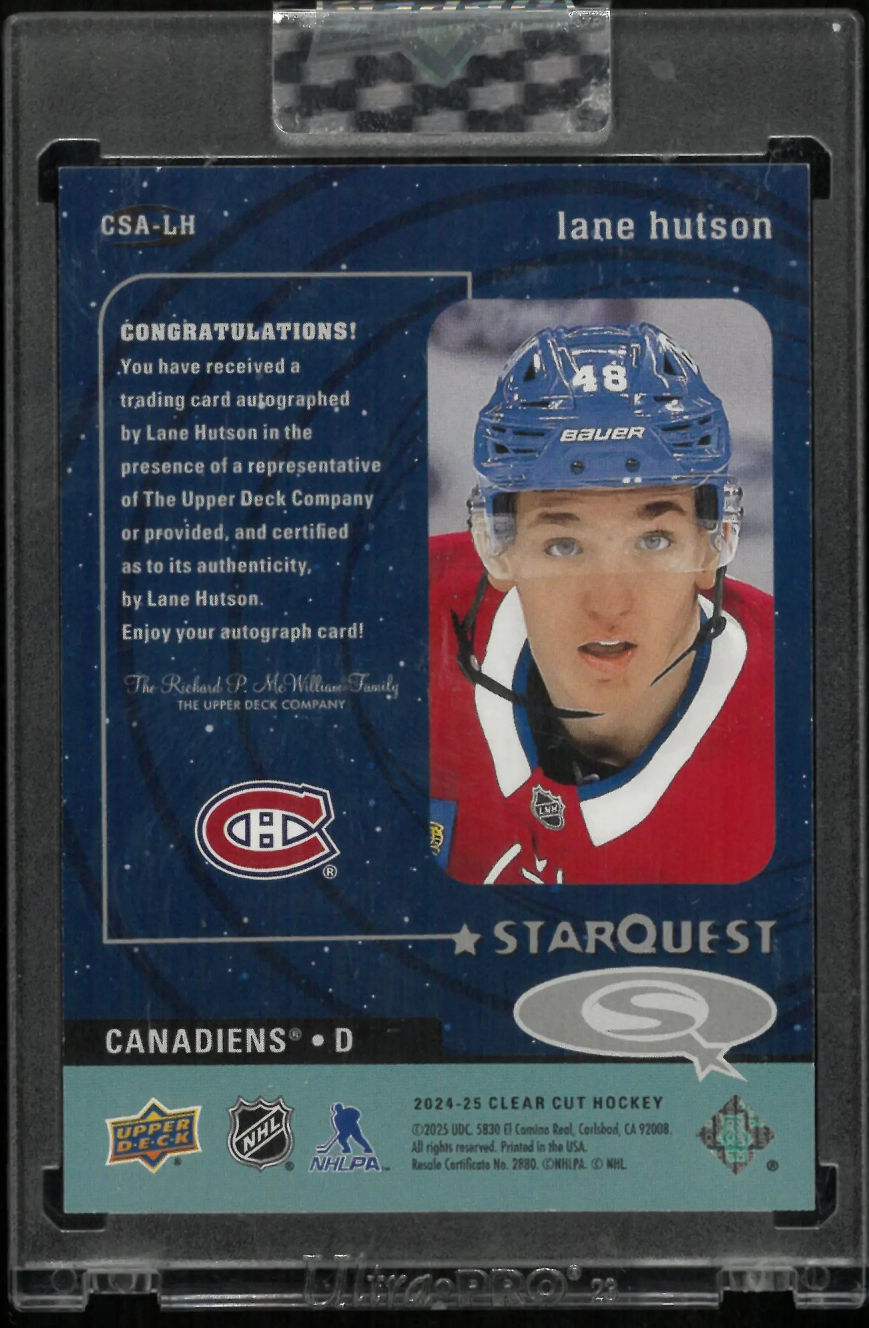 Lane Hutson RC Auto Starquest Rookie UD Clear Cut 2024-25 