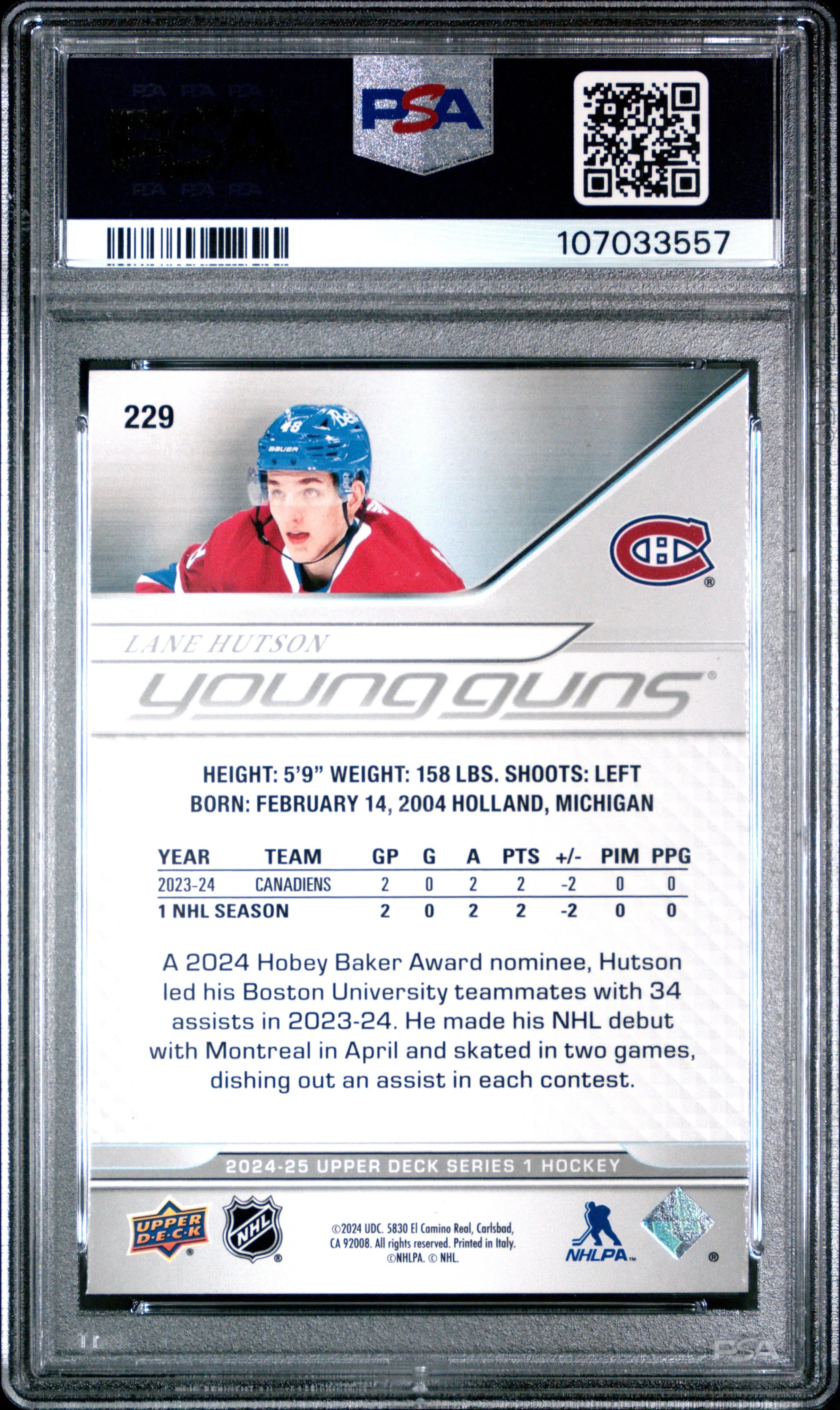 Lane Hutson Young Guns PSA 10 RC Rookie 2024-25 24-25 UD Upper Deck 