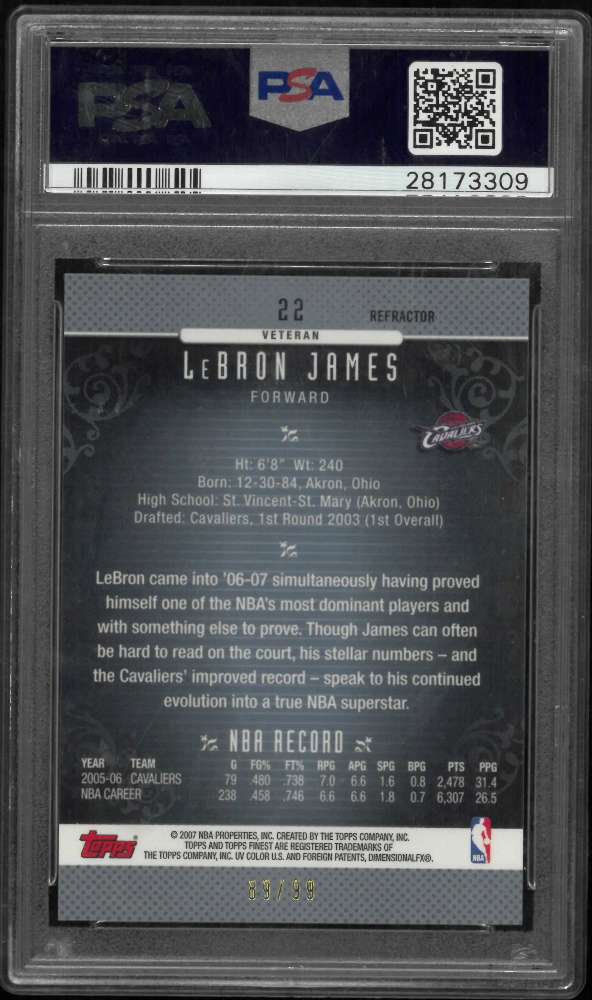 LeBron James 2006-07 Finest PSA 10 /99 Black Refractor 06-07 89/99 Pop 13 