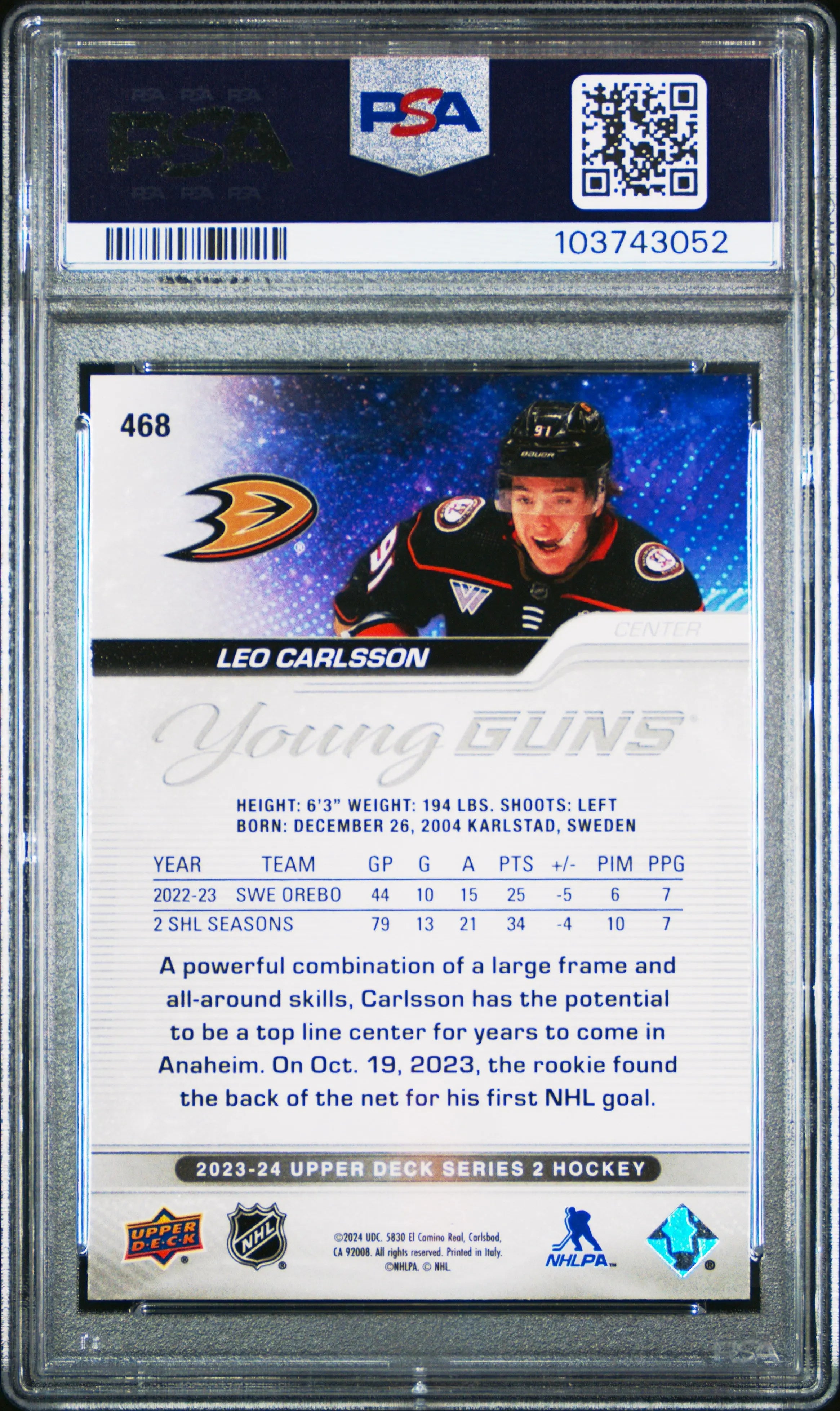 Leo Carlsson PSA 10 Young Guns RC Rookie UD Upper Deck 2020-21 20-21 