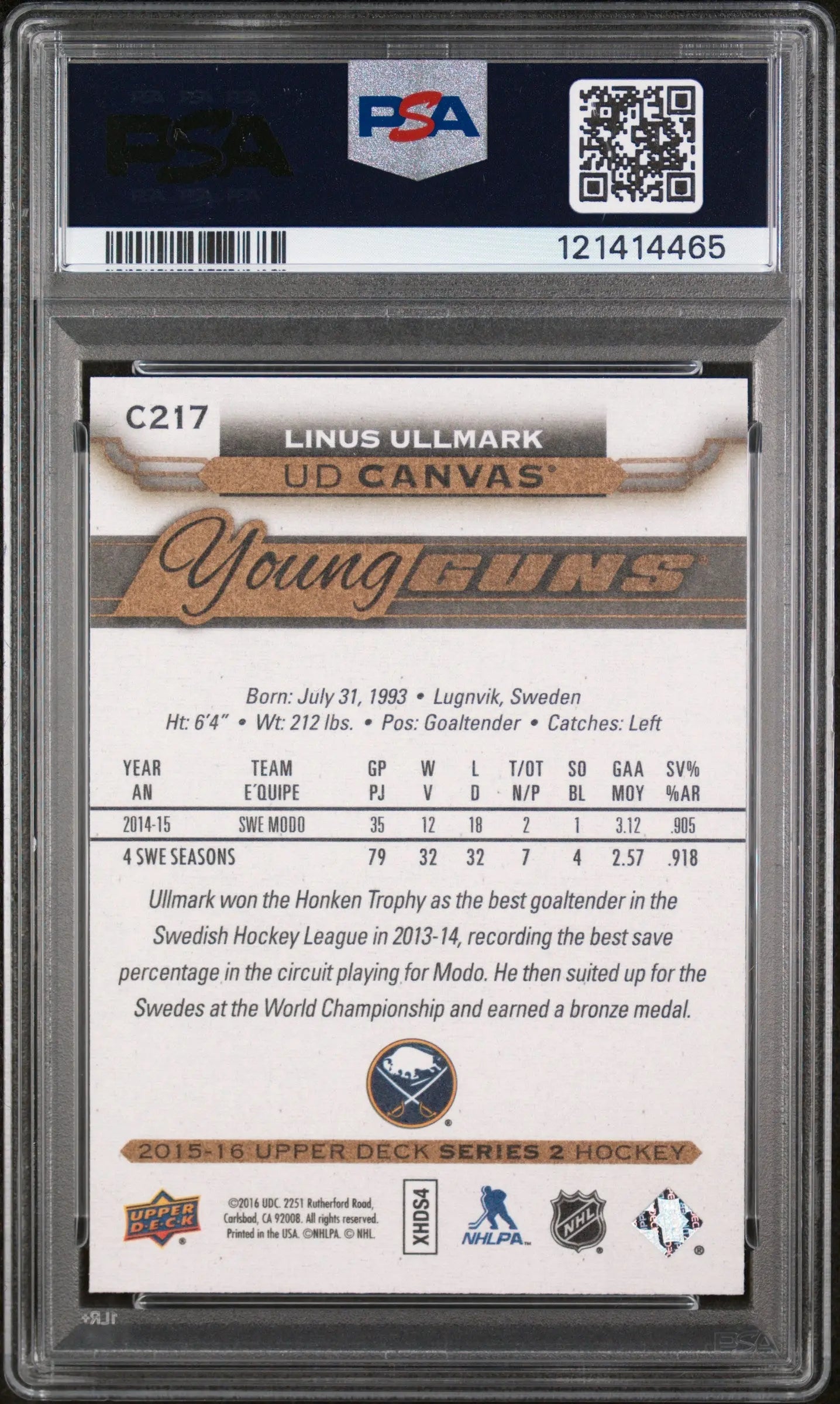 Linus Ullmark RC Canvas Young Guns PSA 10 Rookie 2015-16 15-16 SP Upper Deck UD 
