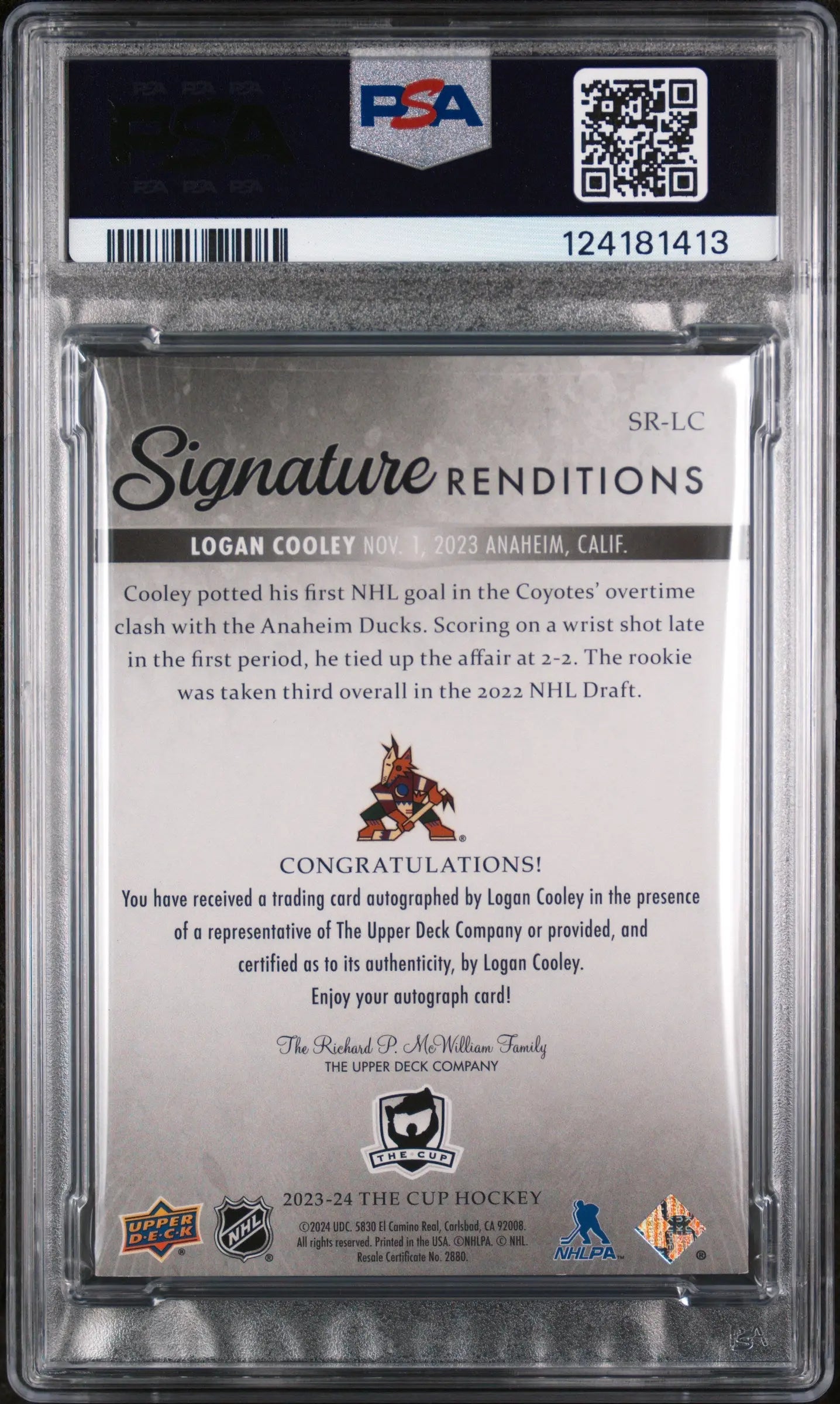 Logan Cooley Auto PSA 8 Signature Renditions RC Rookie 2023-24 23-24 UD The Cup 