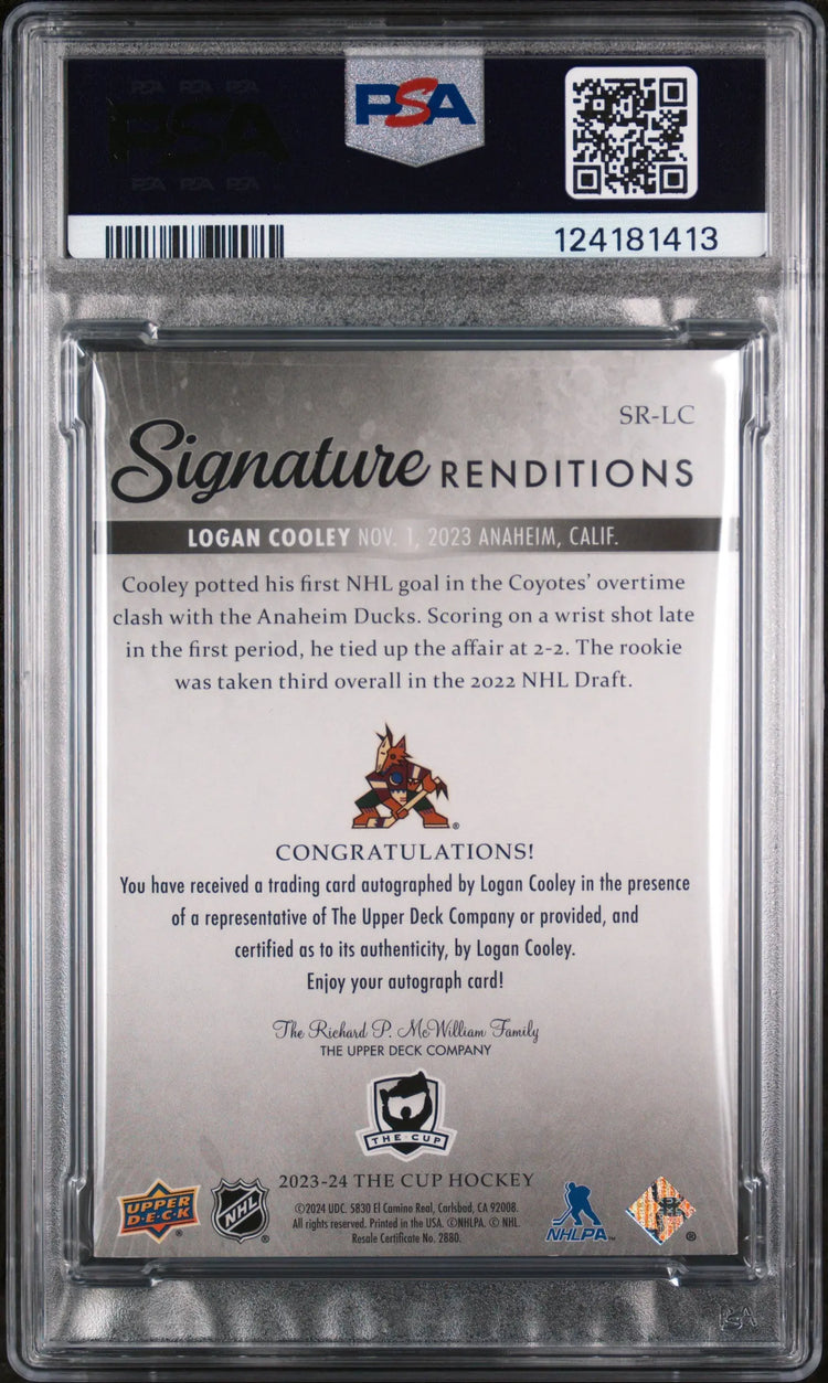 Logan Cooley Auto PSA 8 Signature Renditions RC Rookie 2023-24 23-24 UD The Cup 