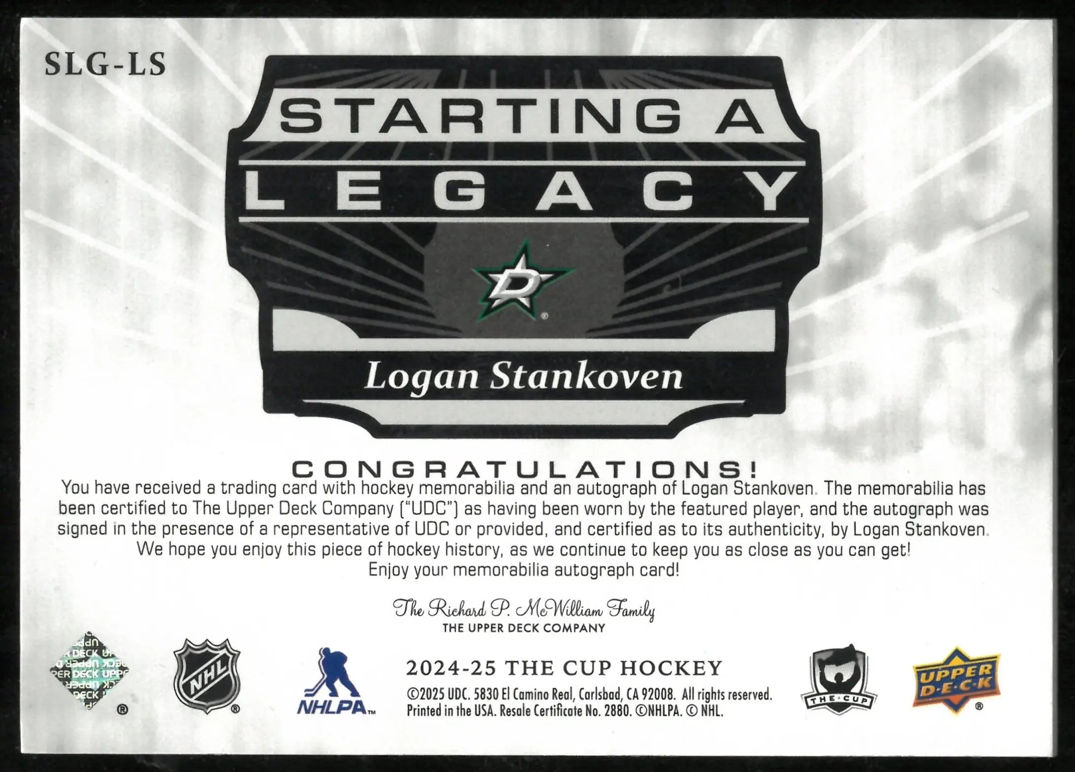 Logan Stankoven /35 Patch Auto Starting a Legacy UD Cup 2024-25 