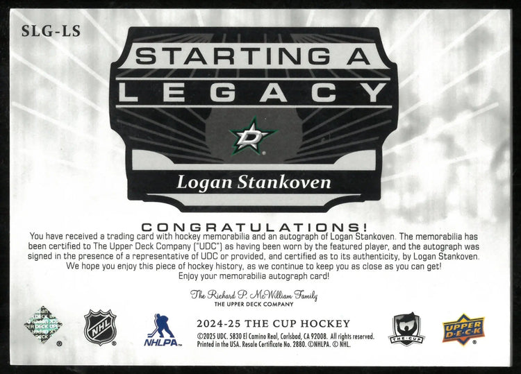 Logan Stankoven /35 Patch Auto Starting a Legacy UD Cup 2024-25 