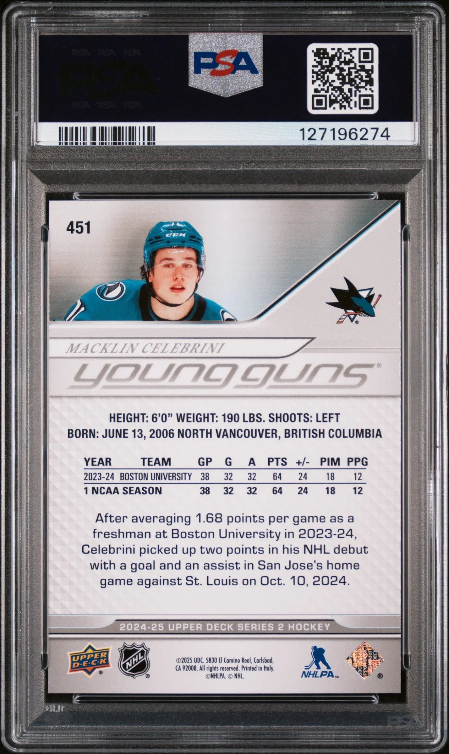 Macklin Celebrini PSA 8 Young Guns RC Rookie UD 2024-25 24-25 Upper Deck 