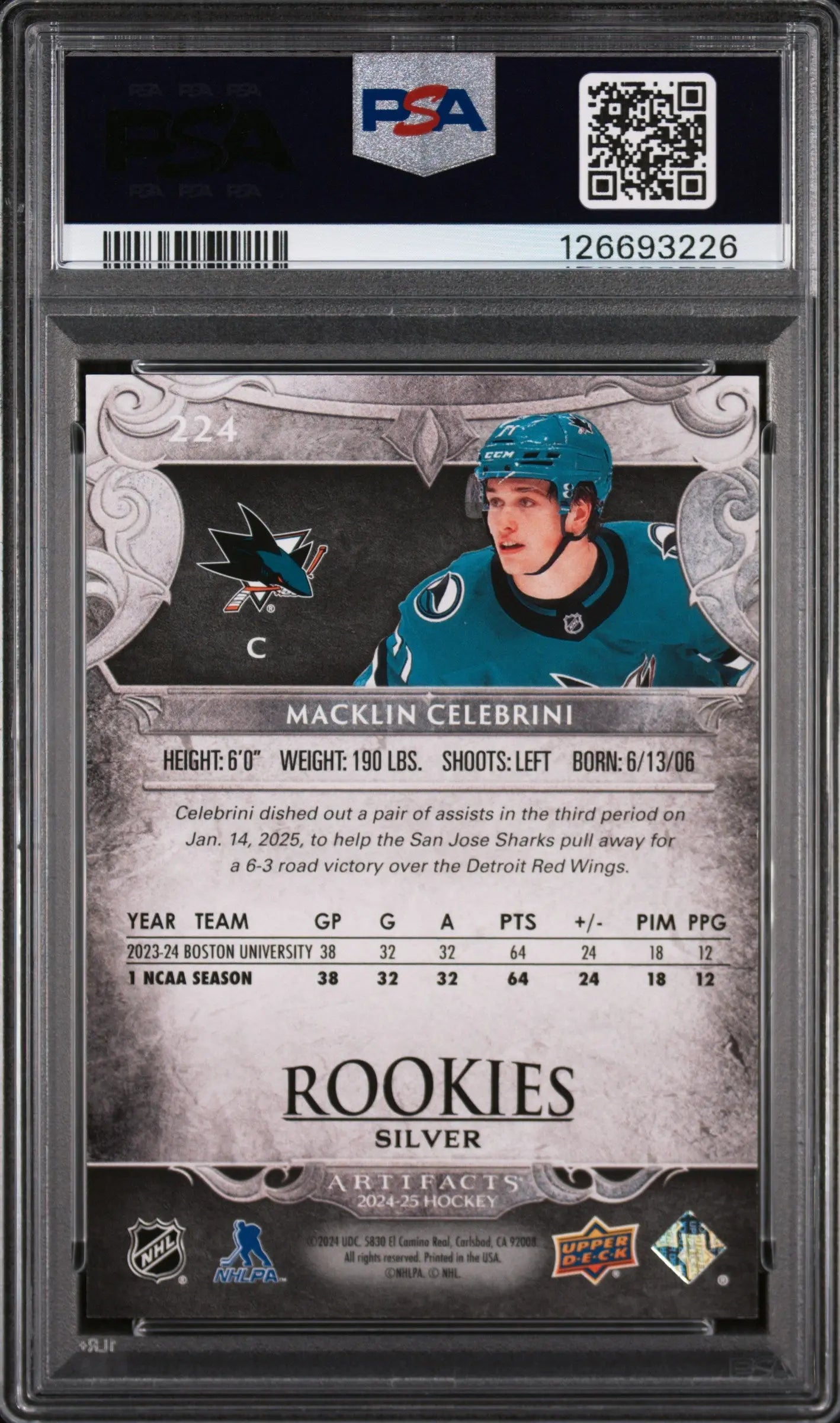 Macklin Celebrini RC PSA 10 /899 Pop 3 Artifacts Rookie 2024-25 24-25 Upper Deck 