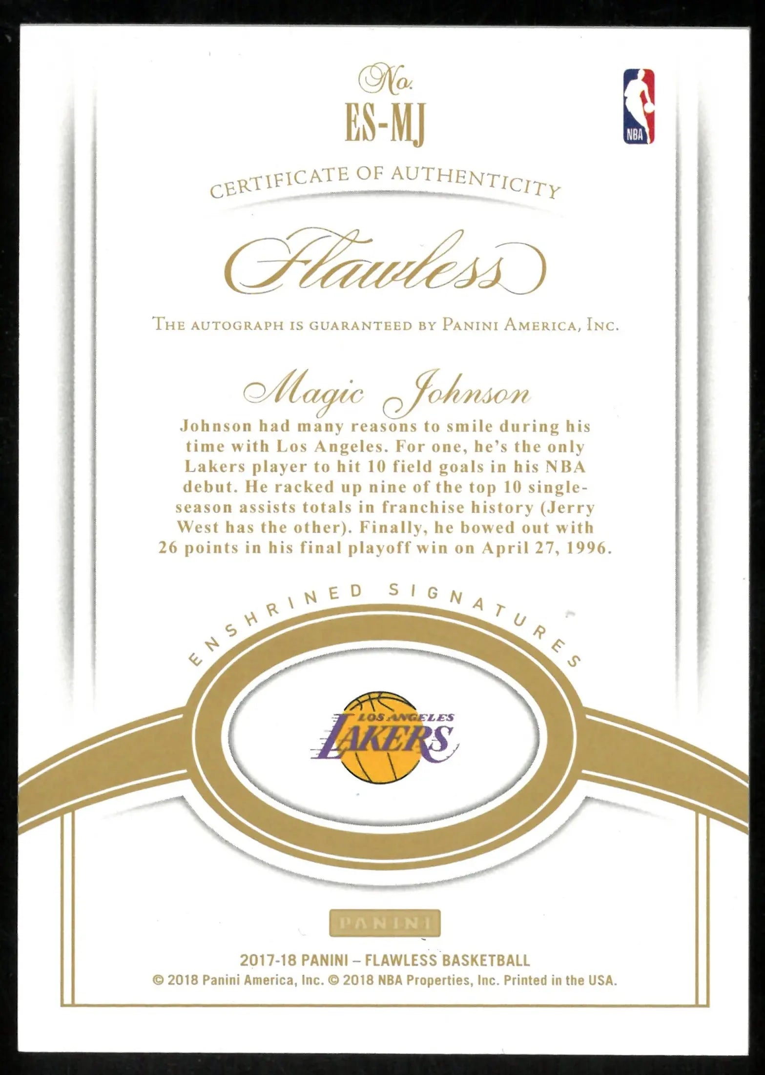 Magic Johnson /10 Auto Flawless 2017-18 Enshrined Signatures 