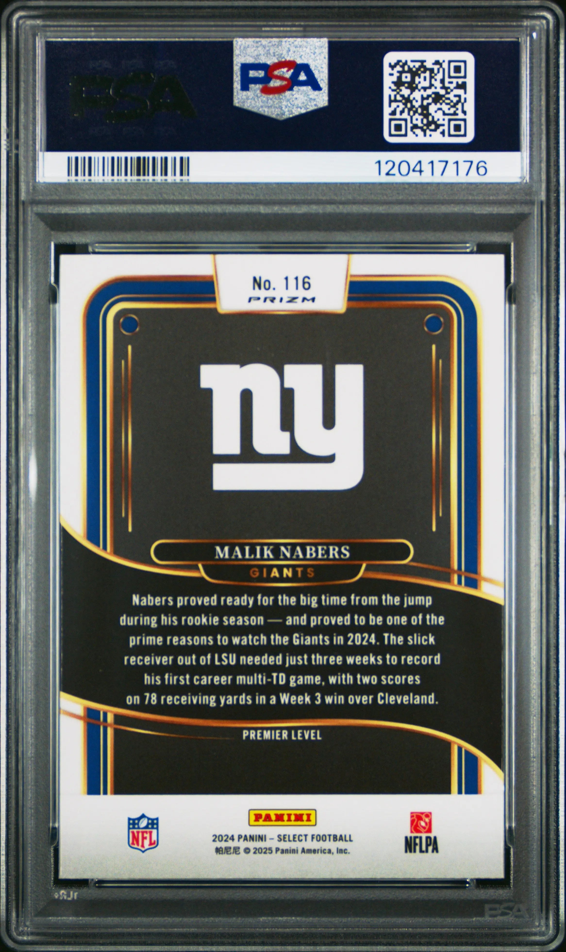 Malik Nabers #116 Red & Blue Shock PSA 10 RC Rookie 2024 Panini Select 