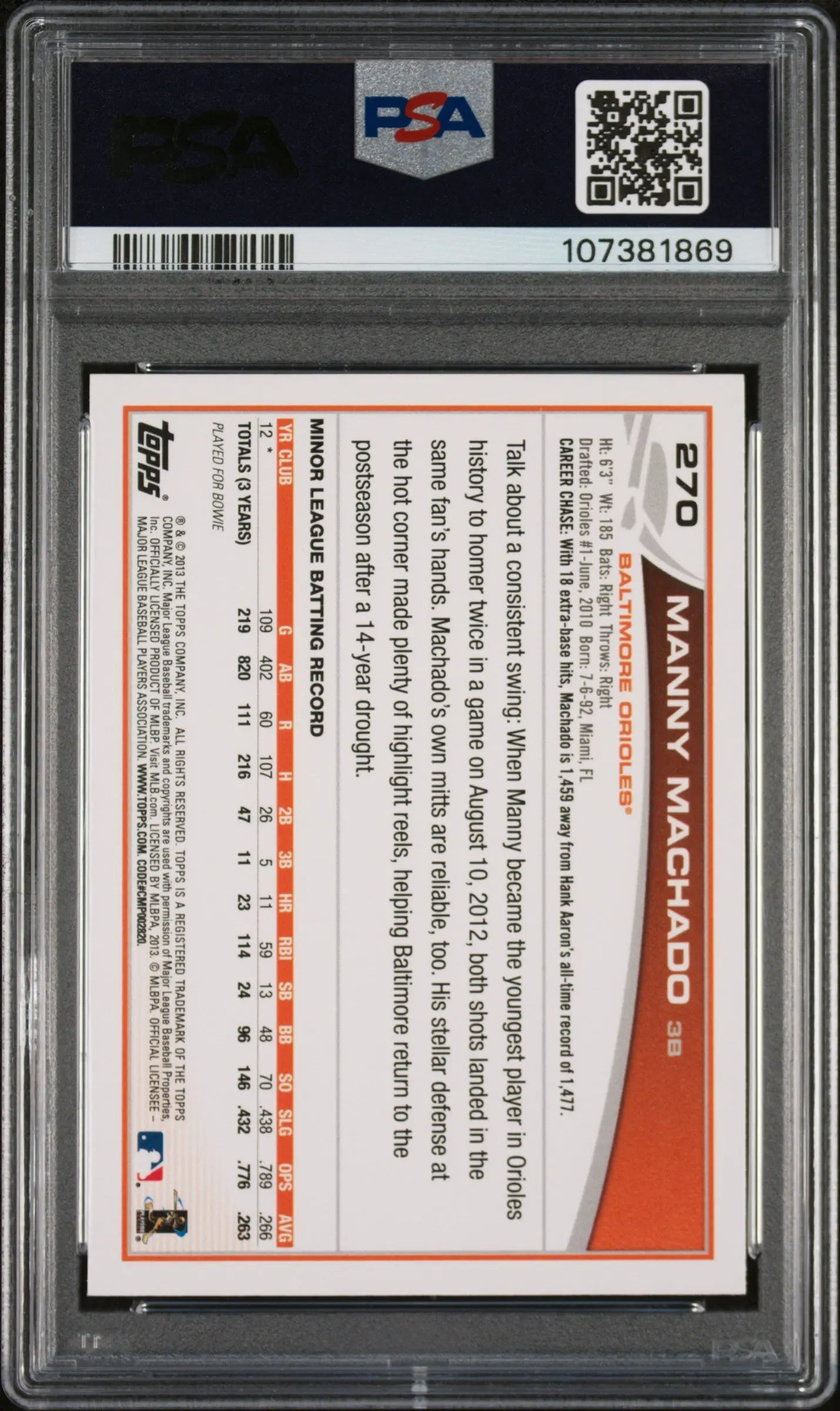 Manny Machado RC Rookie Fielding PSA 10 2013 Topps Orioles 
