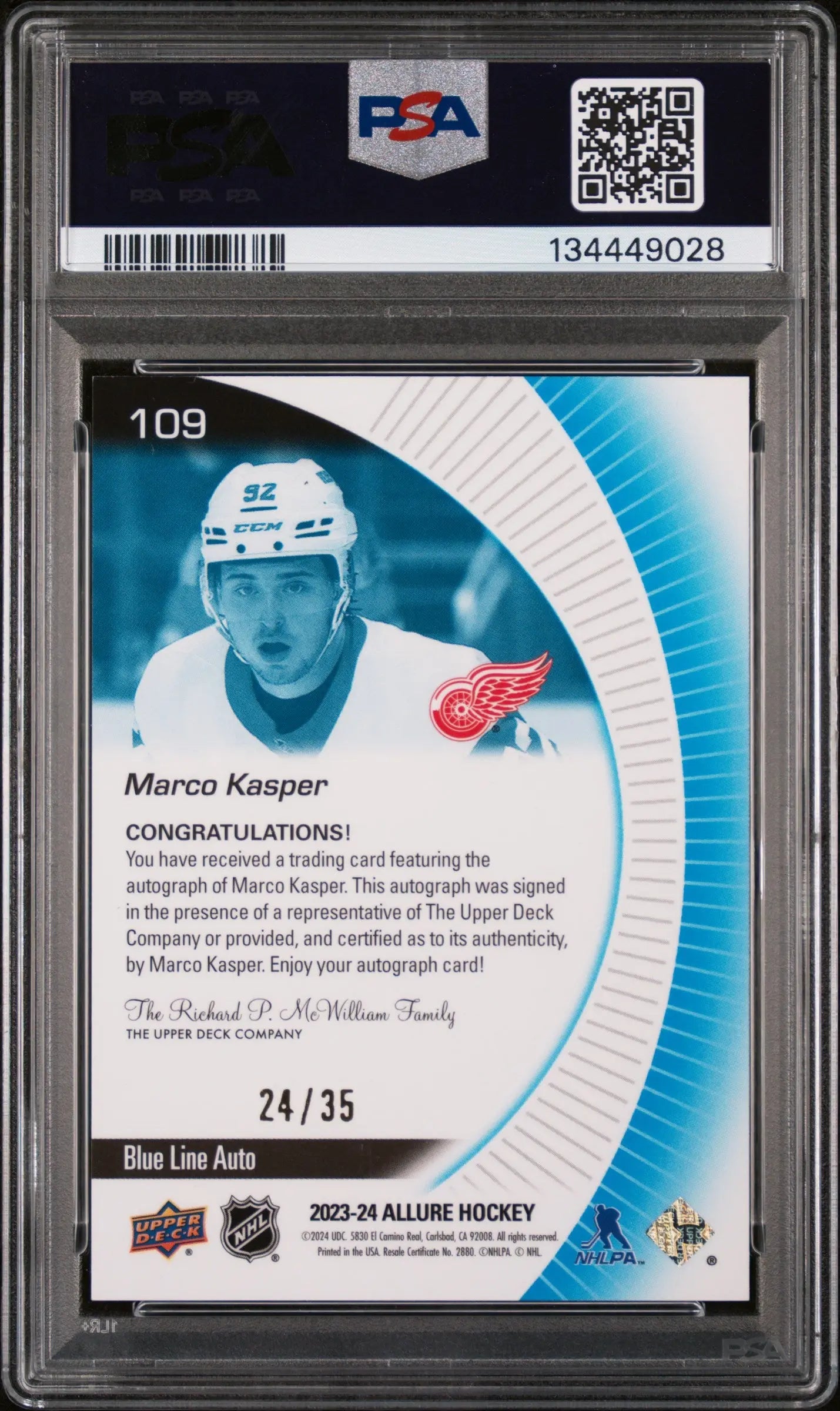 Marco Kasper PSA 10 Blue Line Auto /35 RC Rookie 2023-24 UD 