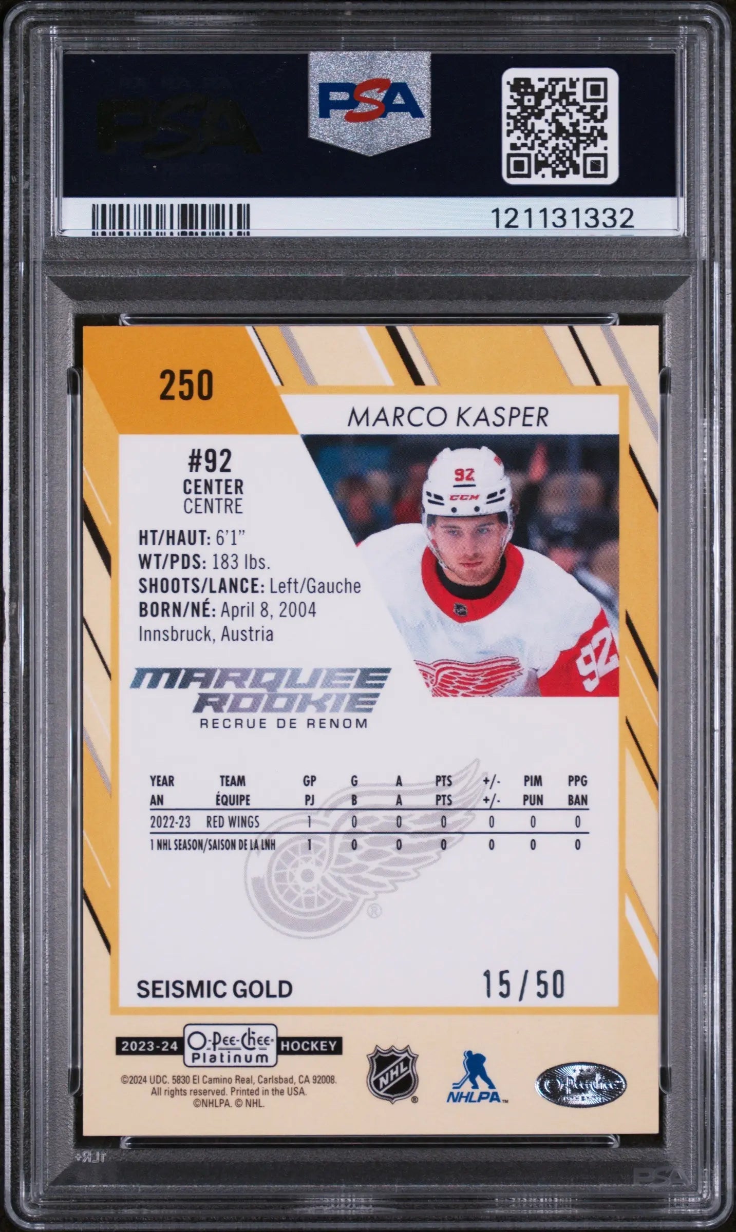 Marco Kasper RC /50 Seismic Gold PSA 9 2023-24 23-24 O Pee Chee Platinum OPC UD 