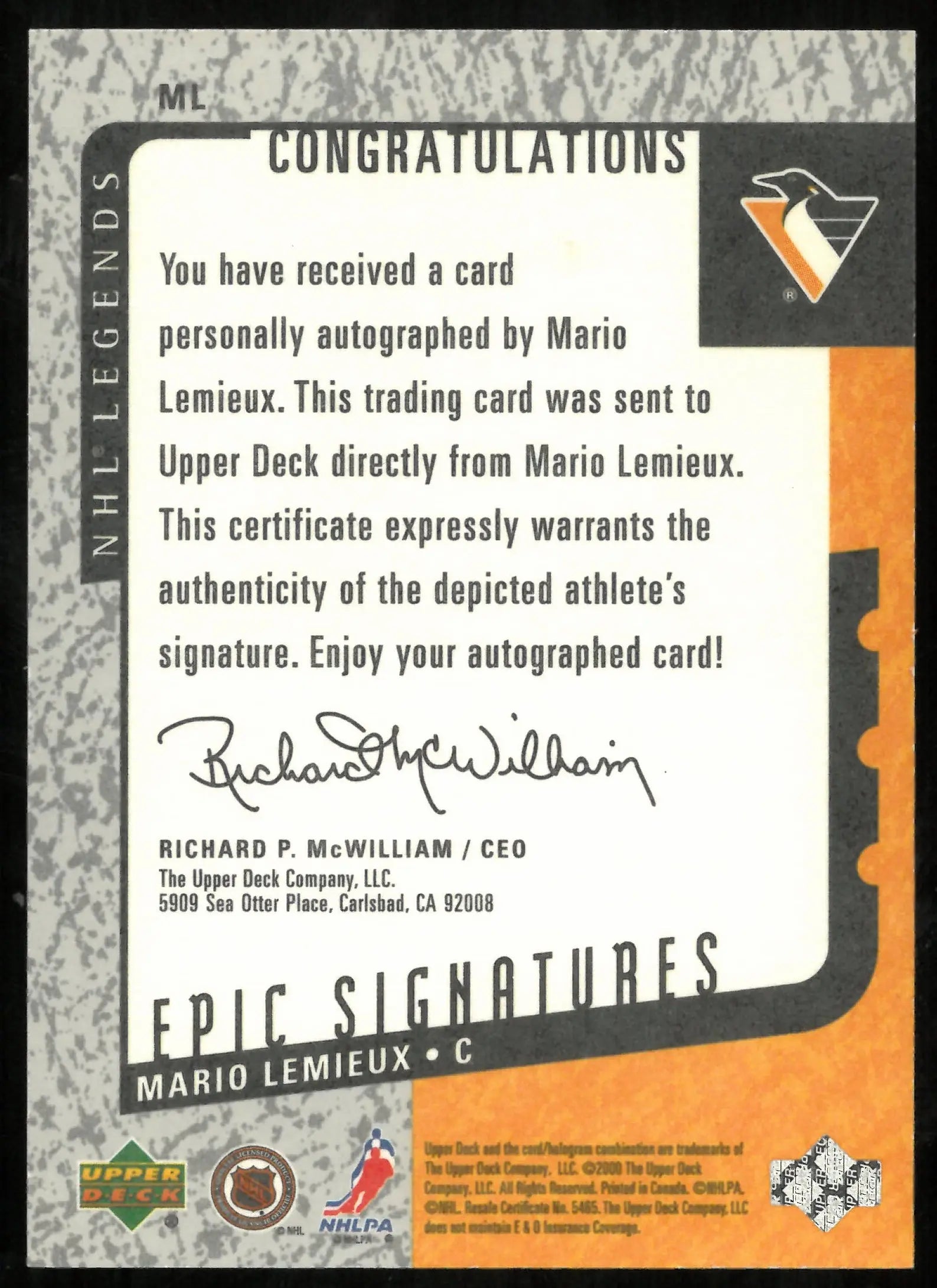 Mario Lemieux Auto Epic Signatures 2000-01 UD Legends Penguins 