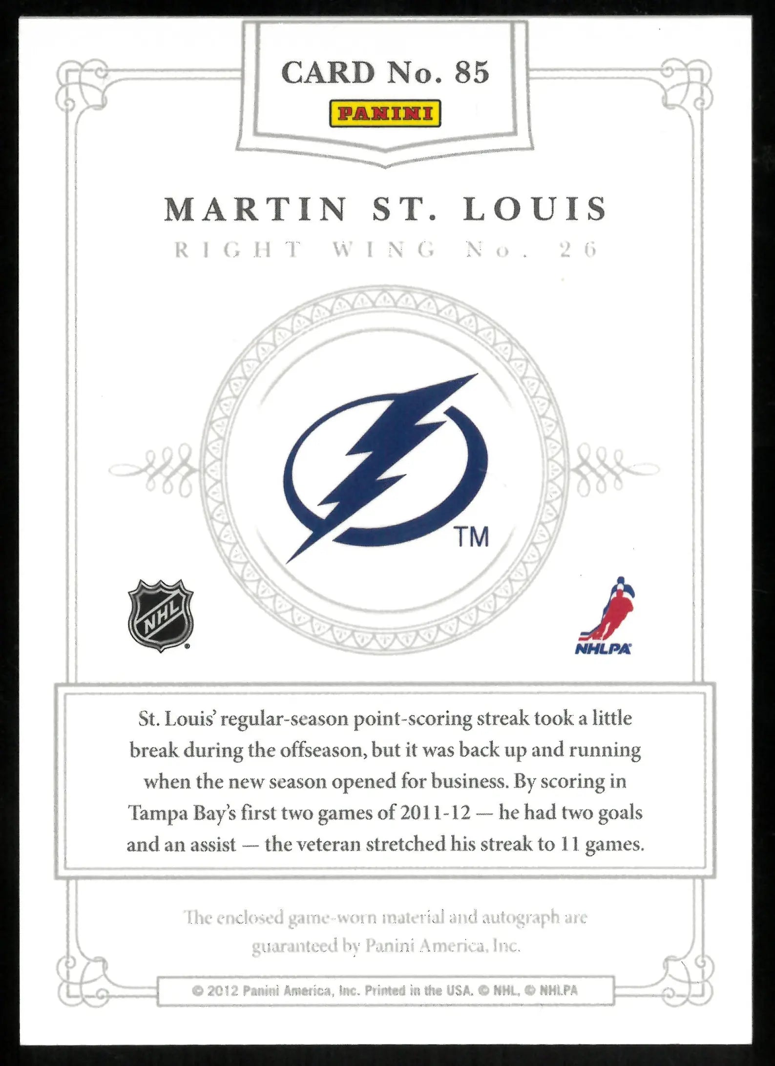 Martin St Louis /60 TOP PATCH Auto Dominion Panini 2011-12 