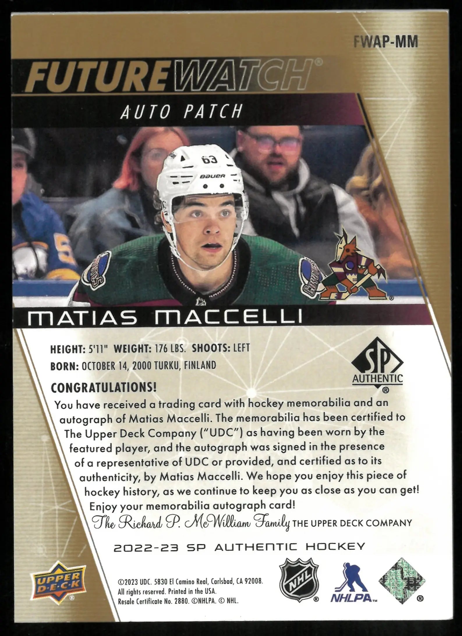 Matias Maccelli Future Watch Patch Auto /100 2022-23 UD Leafs 