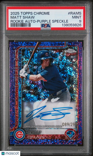 Matt Shaw Purple Speckle /299 PSA 9 RC 2025 Topps Chrome Rookie Autograph 