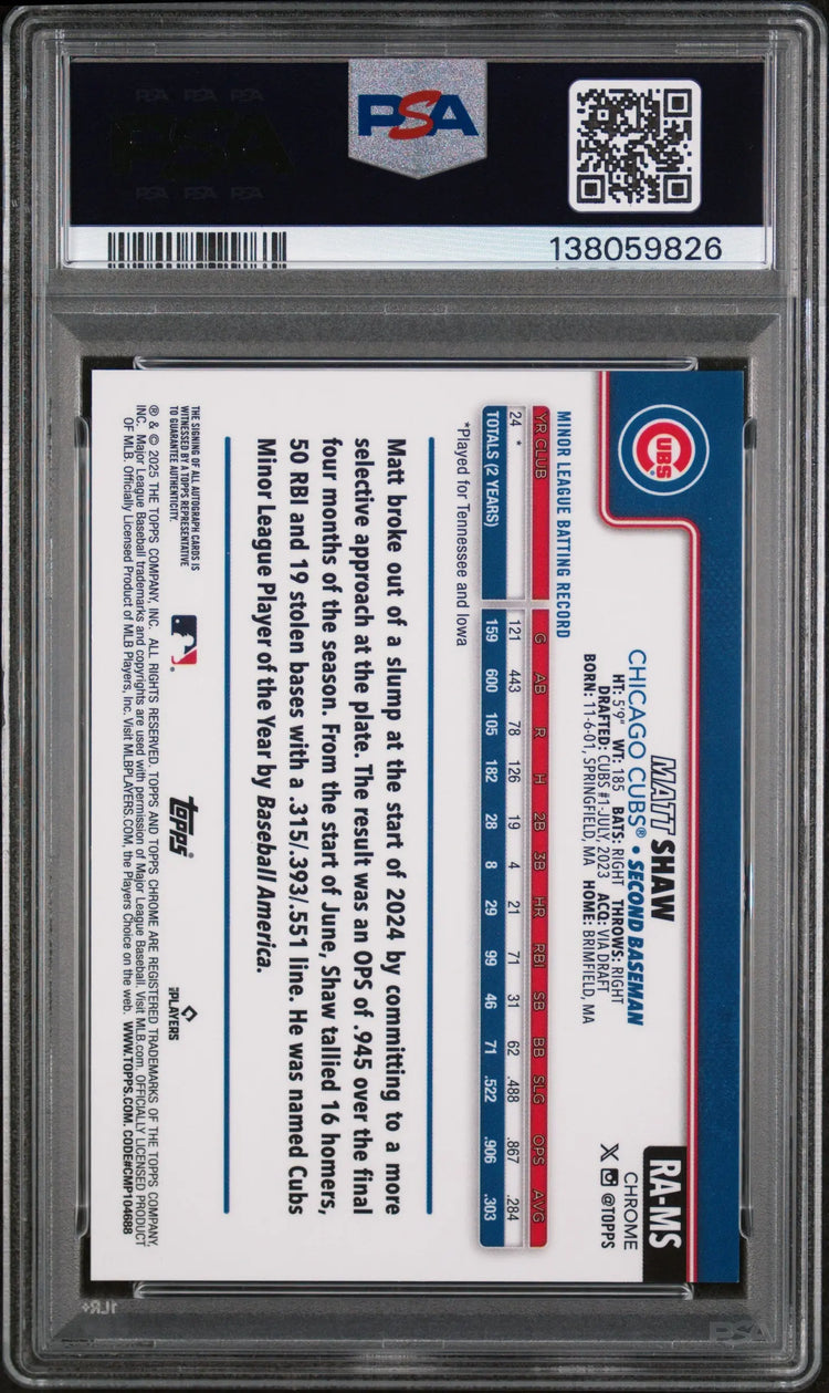 Matt Shaw Purple Speckle /299 PSA 9 RC 2025 Topps Chrome Rookie Autograph 