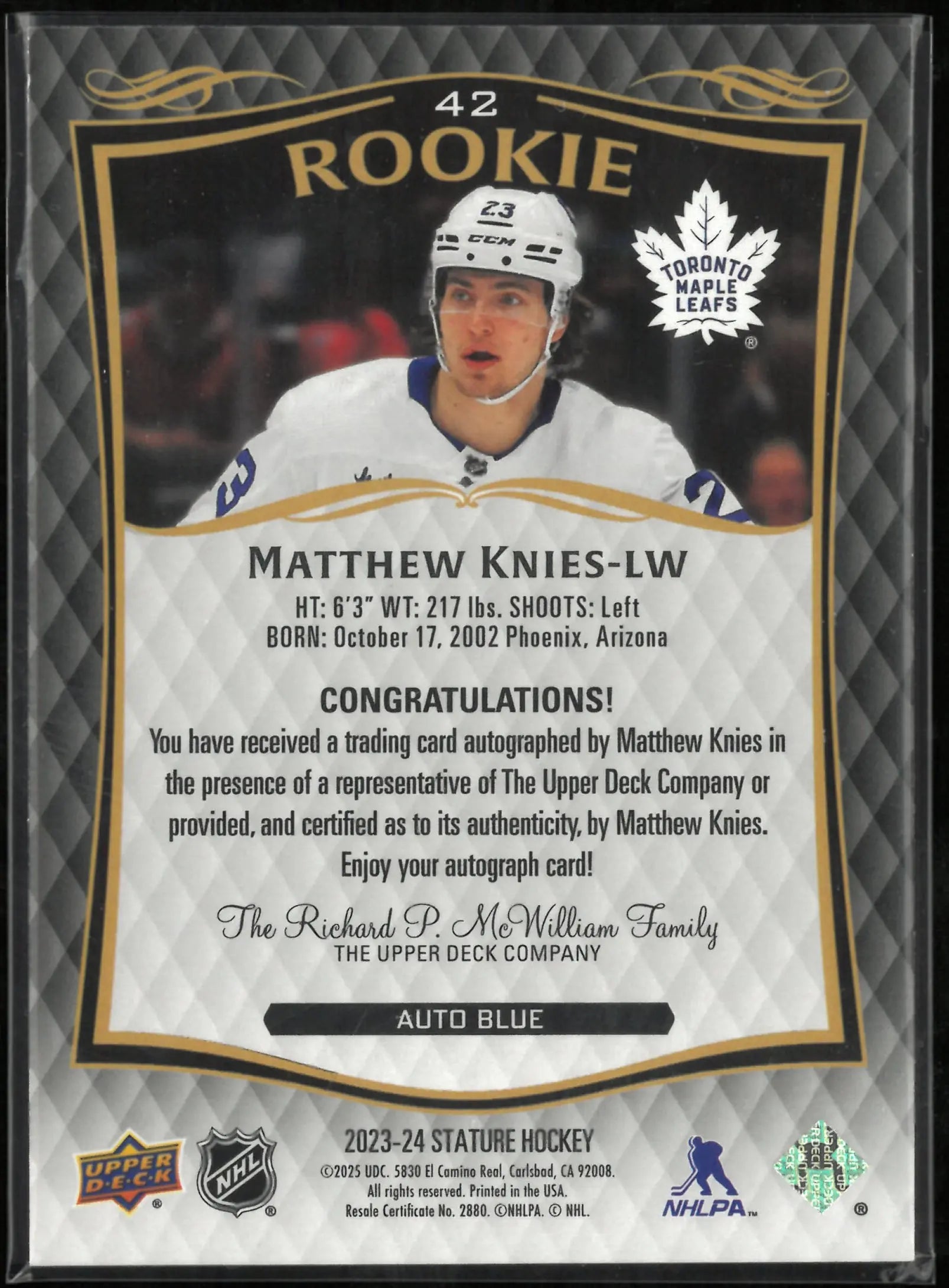 Matthew Knies RC Rookie /25 Auto Stature 2023-24 UD Blue 