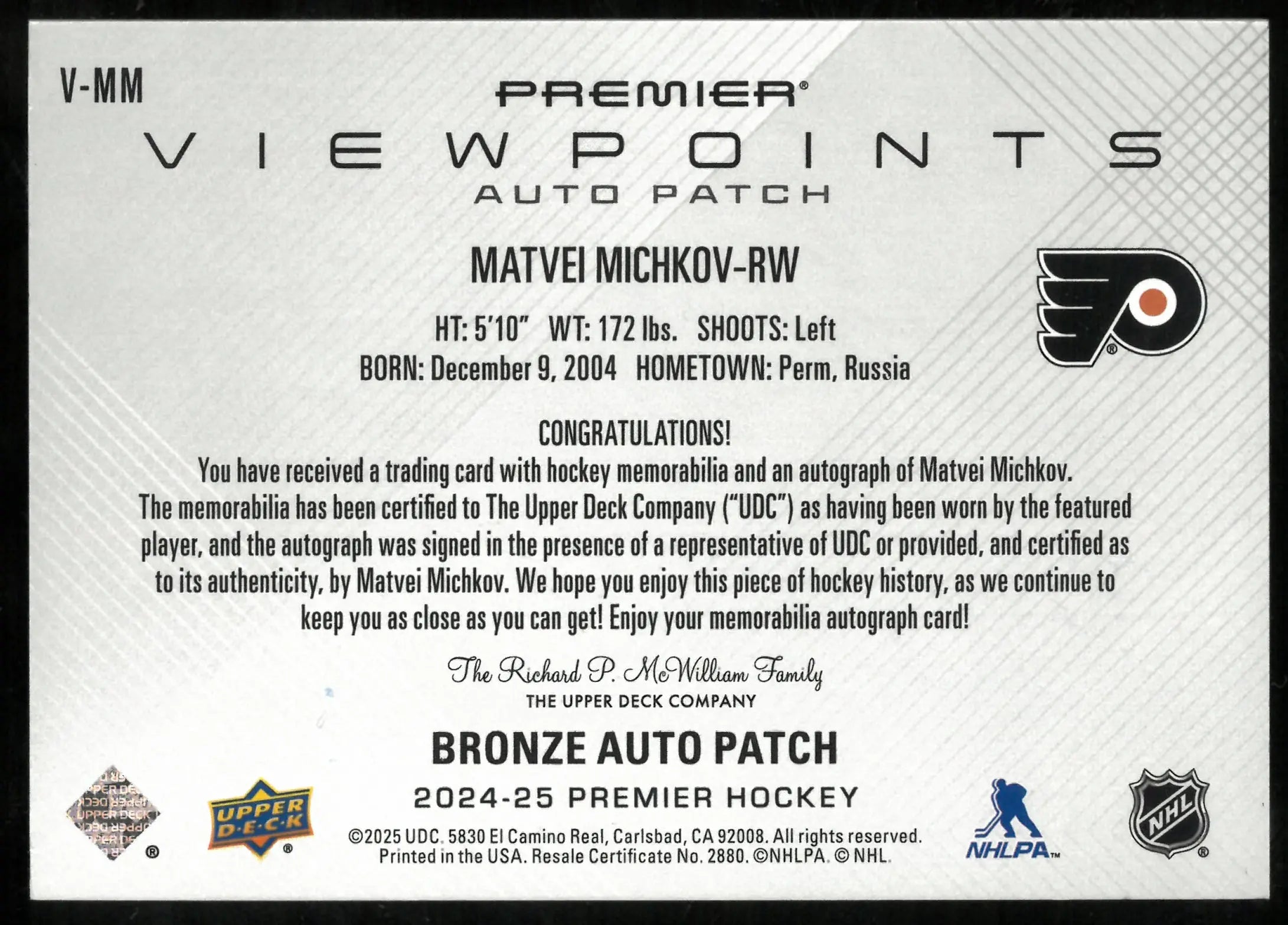 Matvei Michkov /99 PATCH AUTO RC Rookie UD Premier 2024-25 Viewpoints 