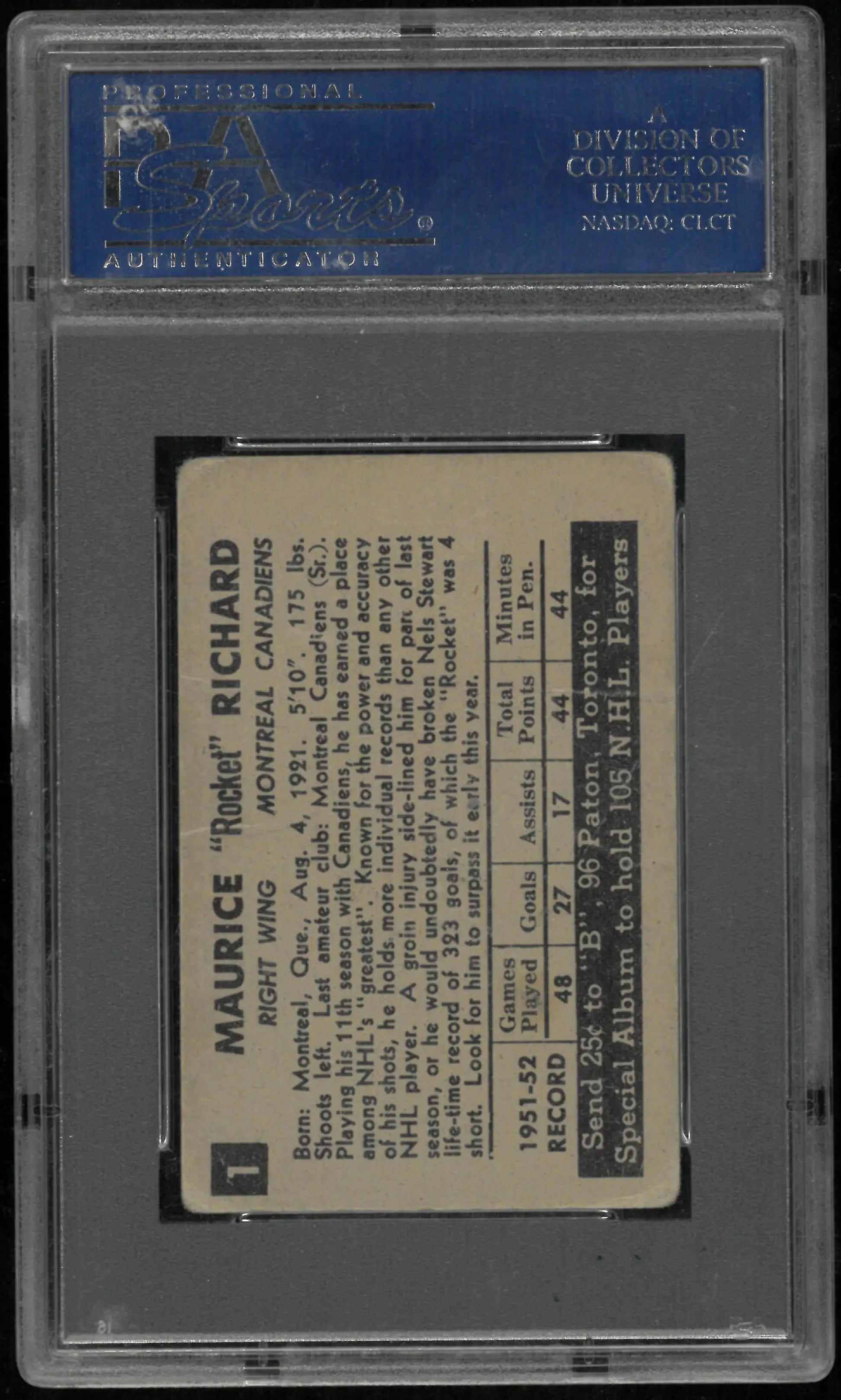 Maurice Rocket Richard 1952-53 Parkhurst 52-53 2nd Year PSA 1 