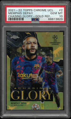 Memphis Depay PSA 10 Chasing Glory Gold /50 2021-22 Topps Chrome UCL Refractor 
