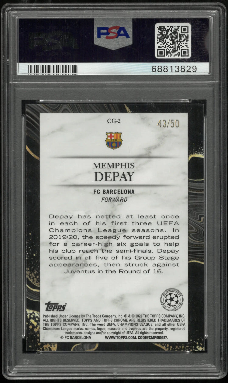 Memphis Depay PSA 10 Chasing Glory Gold /50 2021-22 Topps Chrome UCL Refractor 