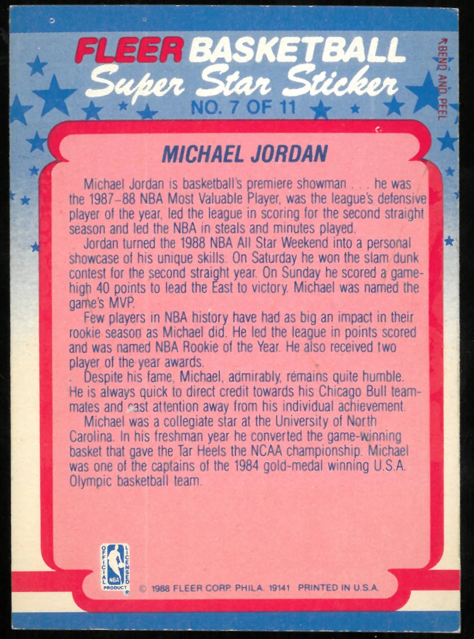 Michael Jordan Fleer Sticker 7 of 11 1988-89 88-89 Bulls 
