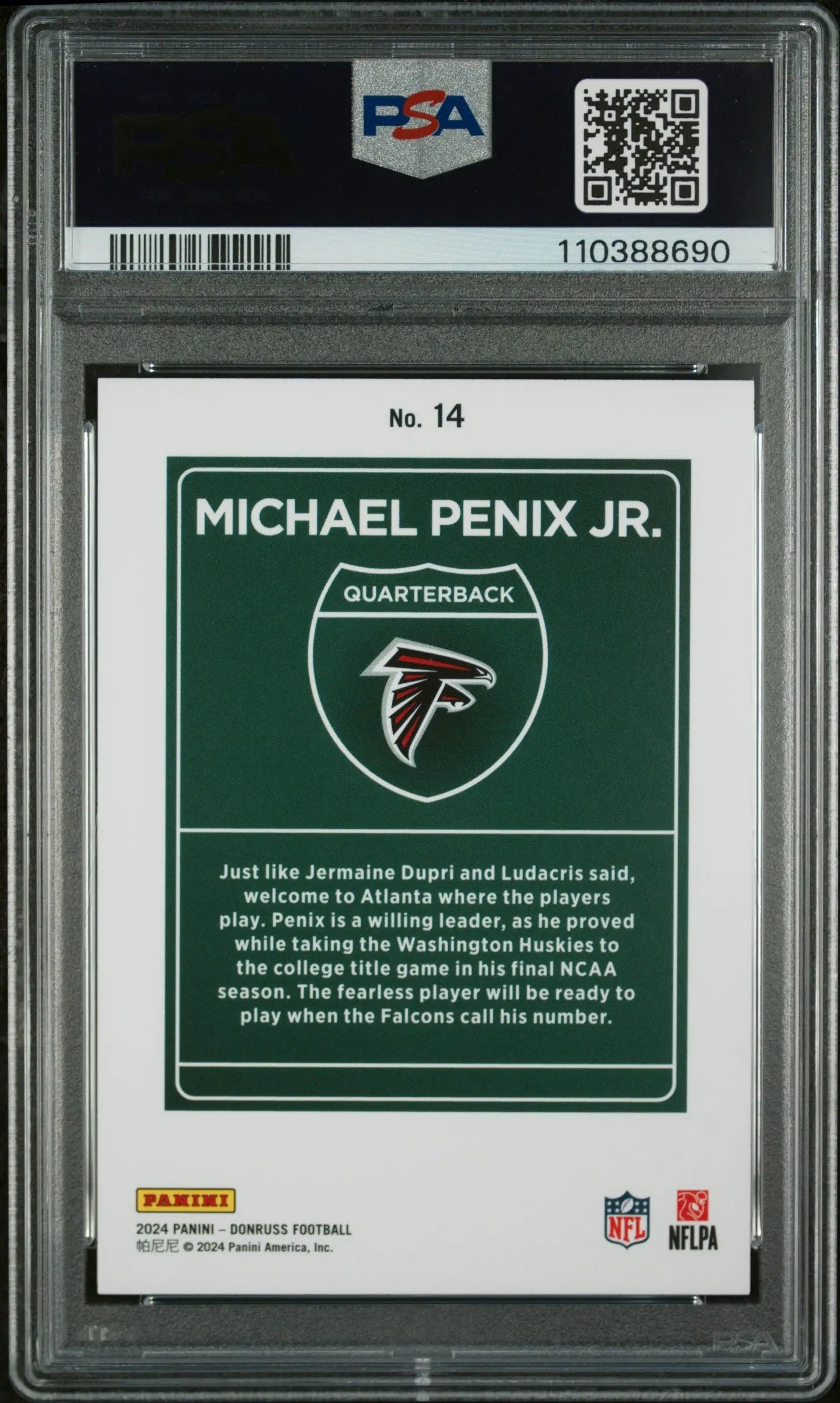 Michael Penix Jr Downtown! PSA 9 RC Rookie 2024 Donruss #14 Falcons 