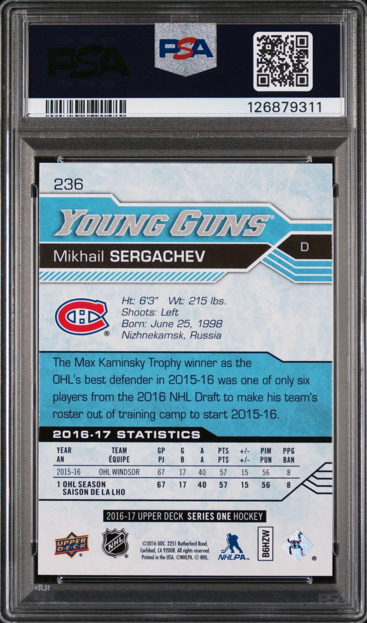 Mikhail Sergachev Young Guns PSA 10 RC Rookie 2016-17 16-17 UD Upper Deck 