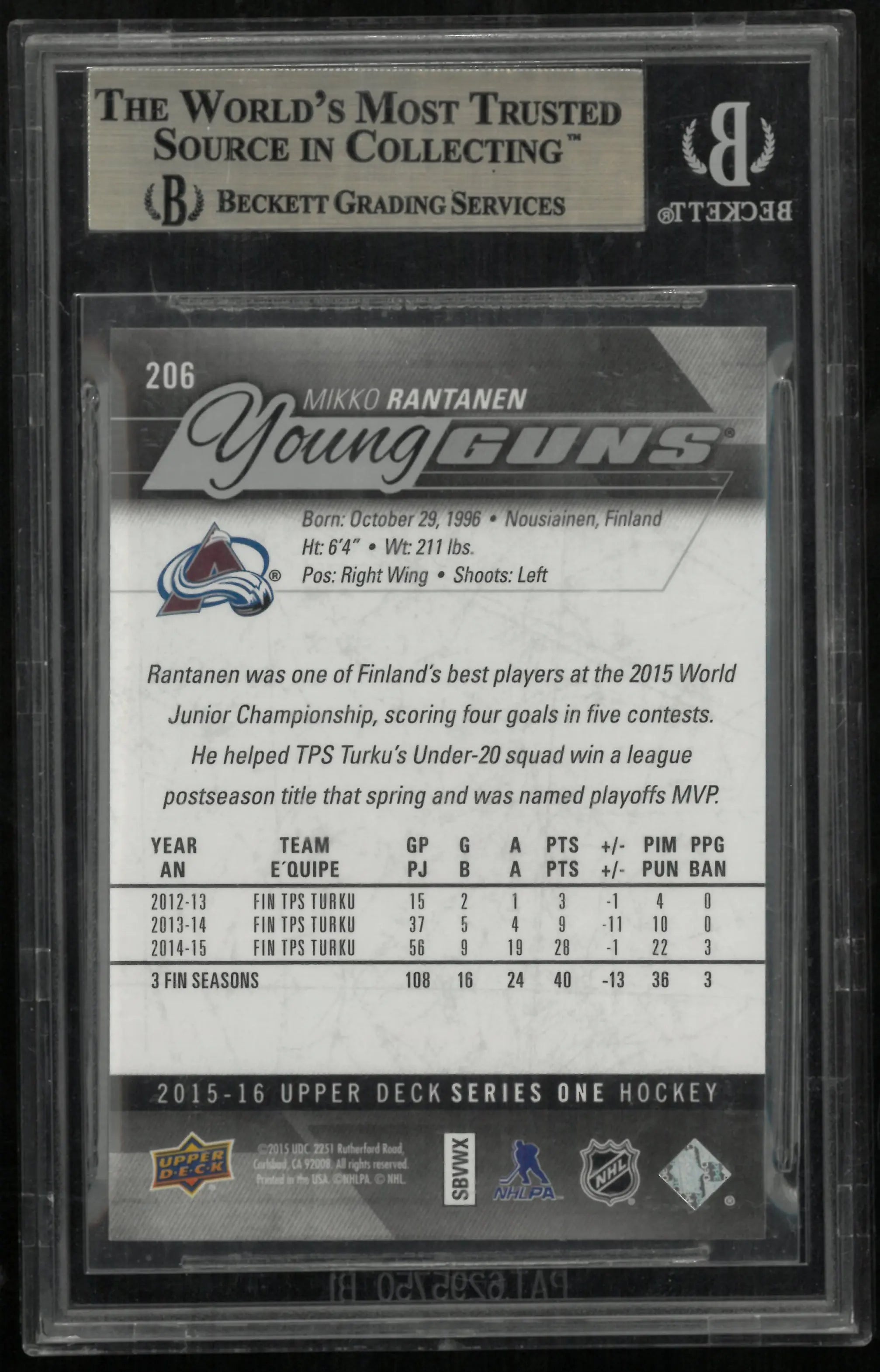 Mikko Rantanen BGS 9.5 Young Guns RC Rookie 2015-16 15-16 UD Upper Deck 