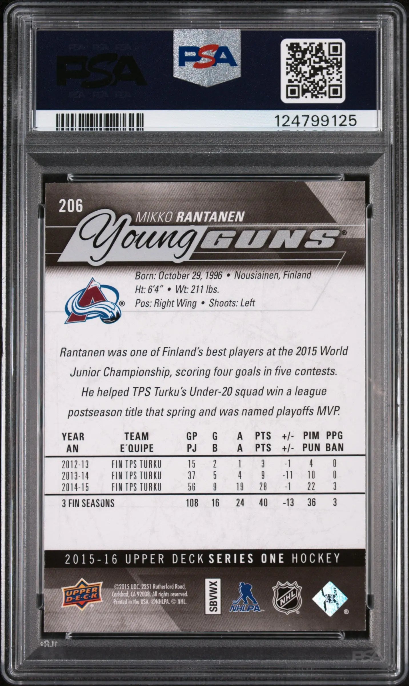 Mikko Rantanen PSA 9 Young Guns RC Rookie 2015-16 15-16 UD Upper Deck STARS 