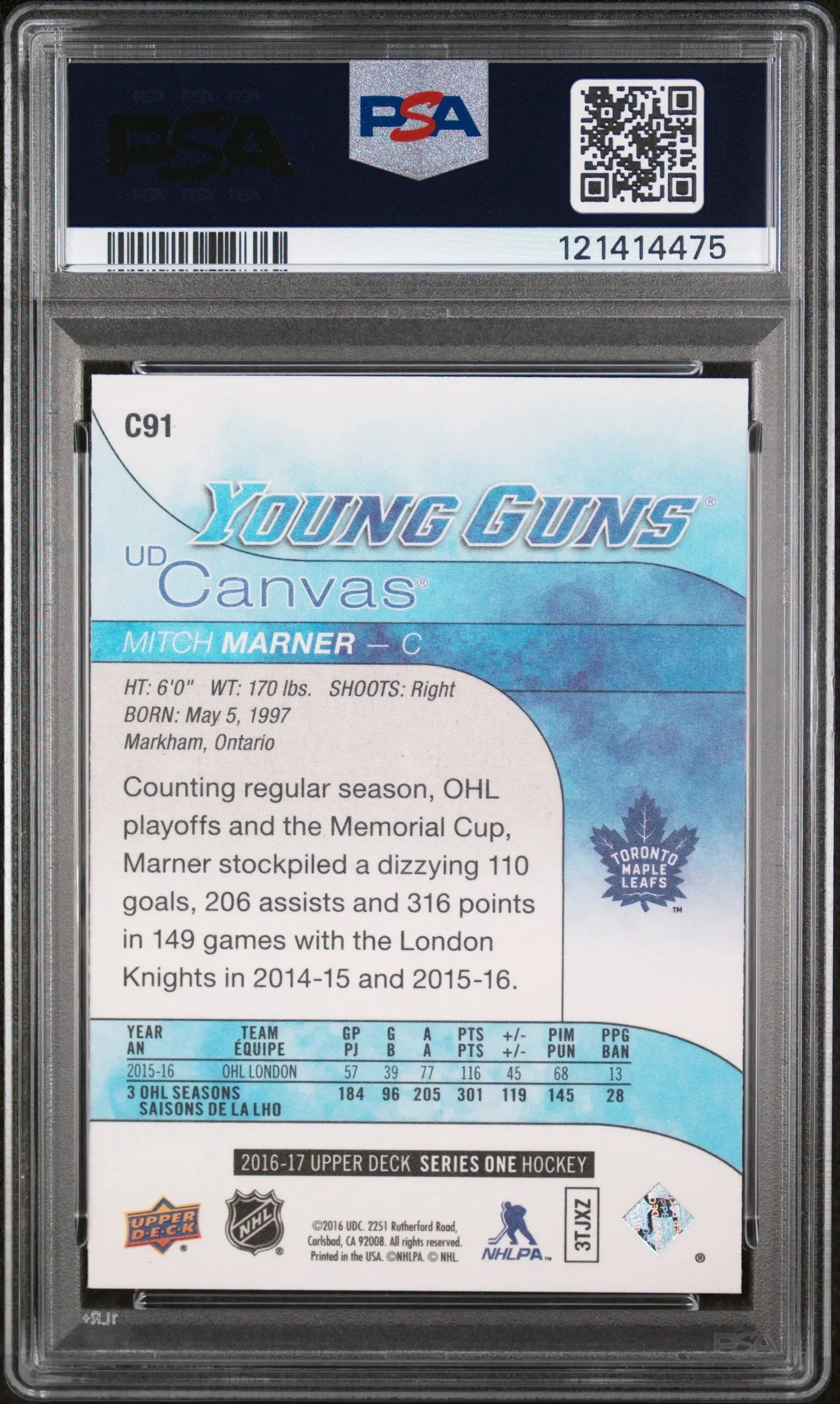 Mitch Marner Canvas Young Guns UD PSA 10 GEM RC Rookie Upper Deck 2016-17 16-17 