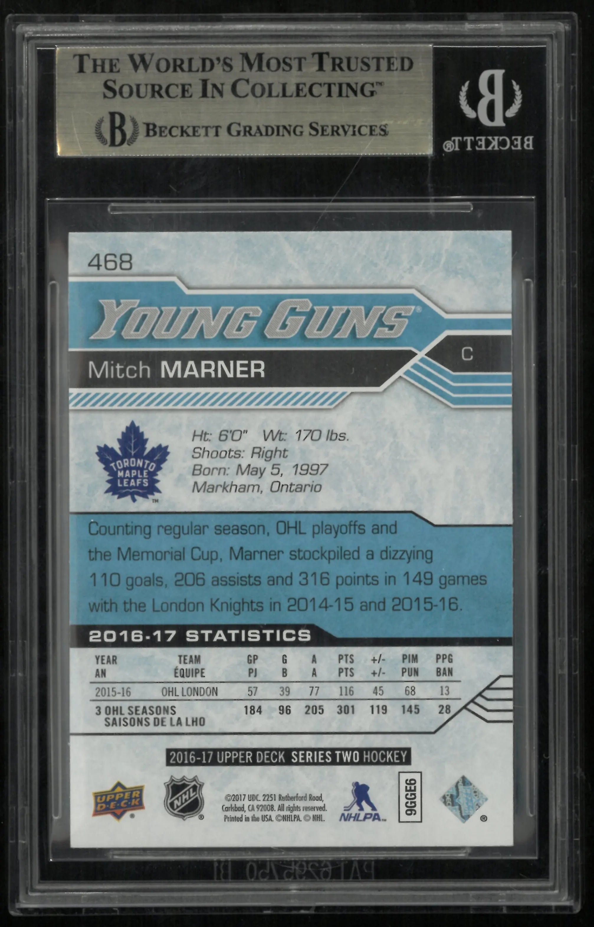Mitch Marner RC BGS 9.5 w 10 Young Guns 2016-17 16-17 Rookie Upper Deck KNIGHTS 